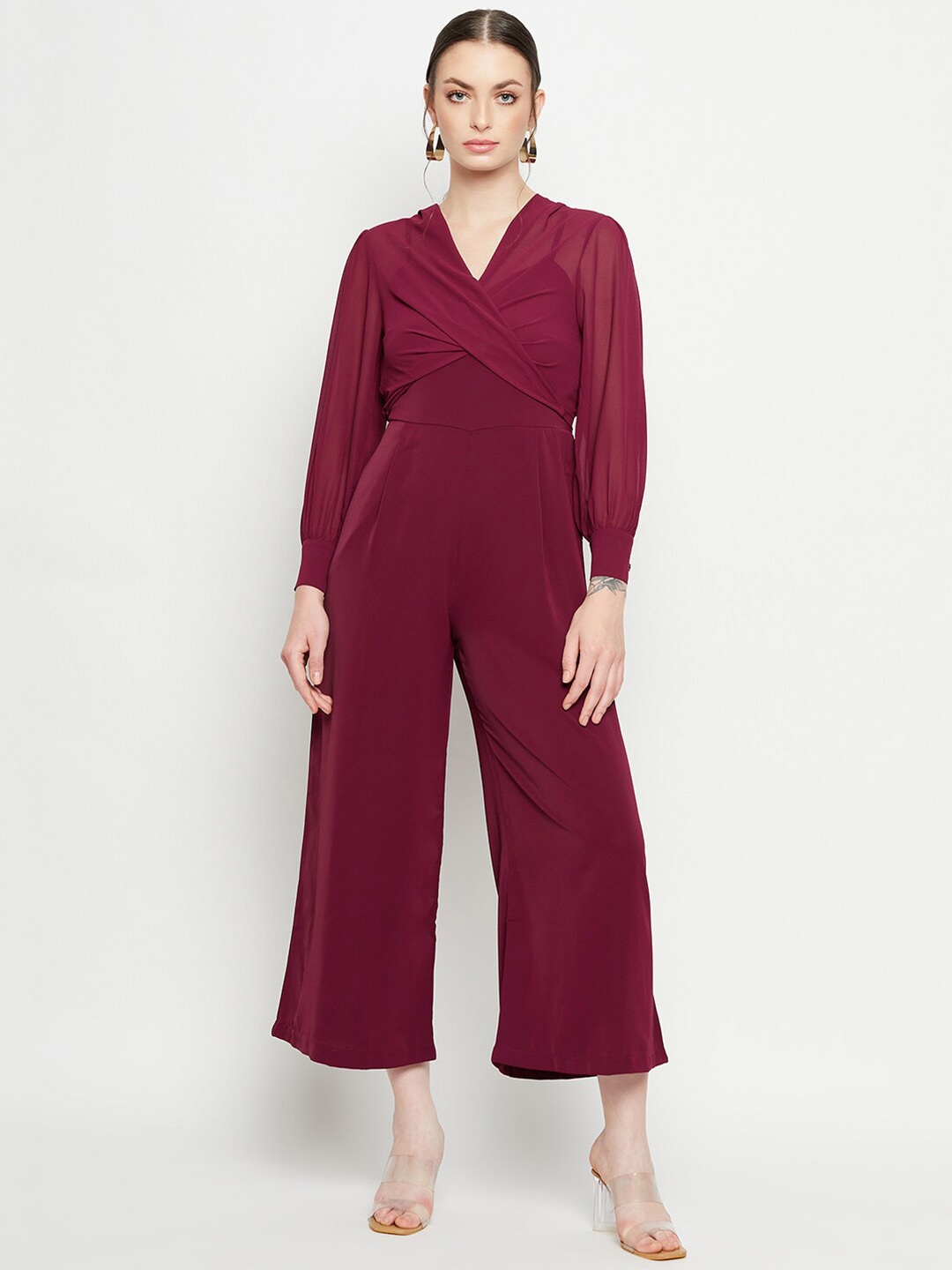 Madame V-Neck Basic Jumpsuit, Maroon