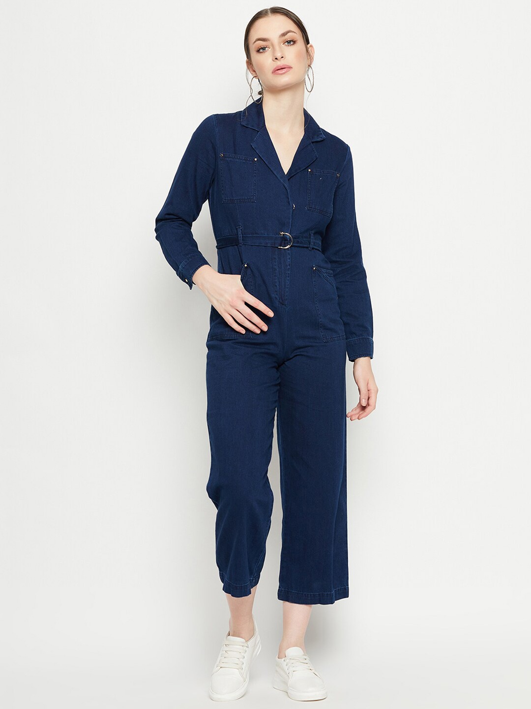 Madame Shirt Collar Long Sleeves Pure Cotton Basic Jumpsuit, Blue