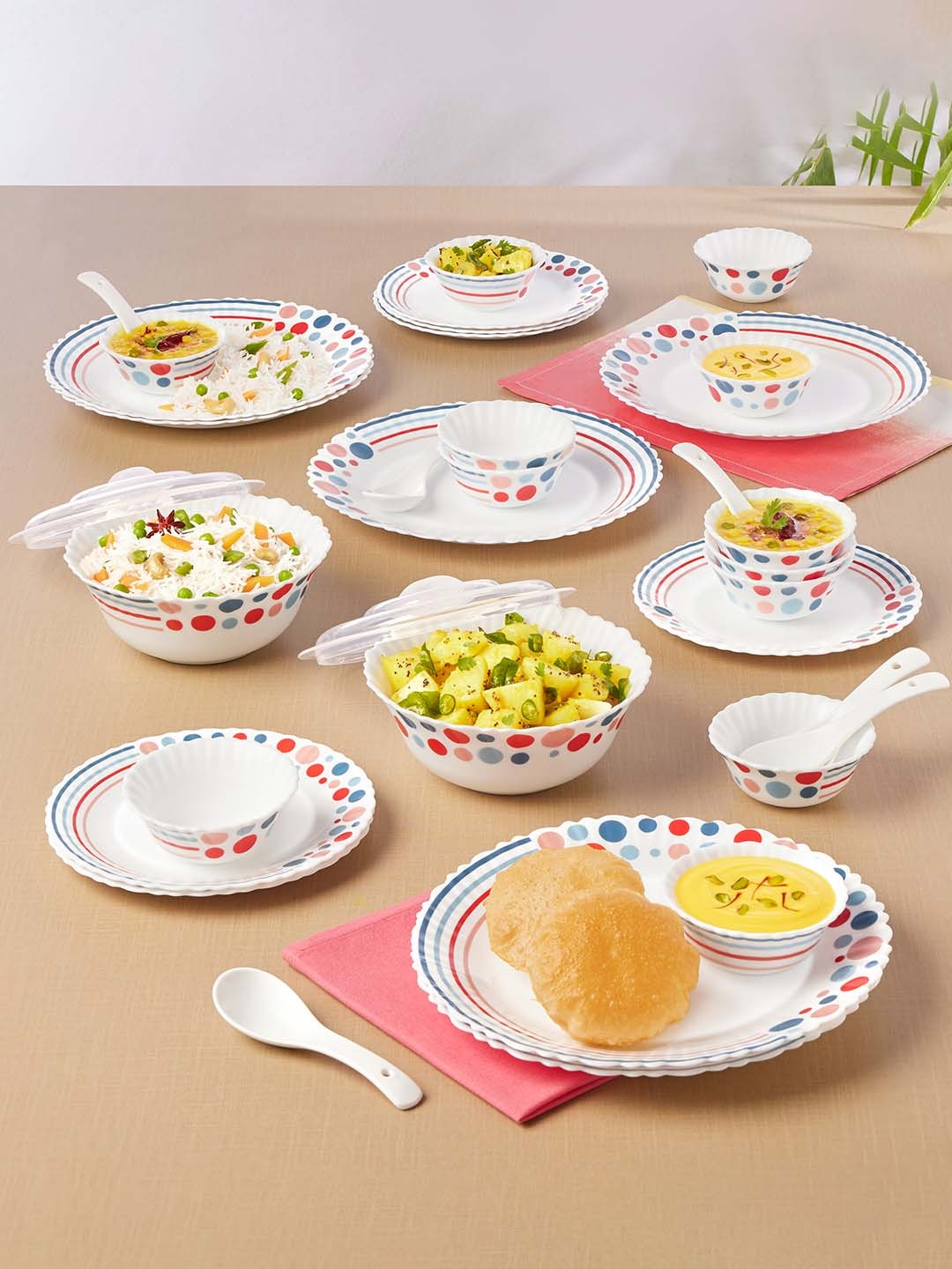 

Larah by BOROSIL White & Red 34 Pieces Printed Opalware Glossy Dinner Set