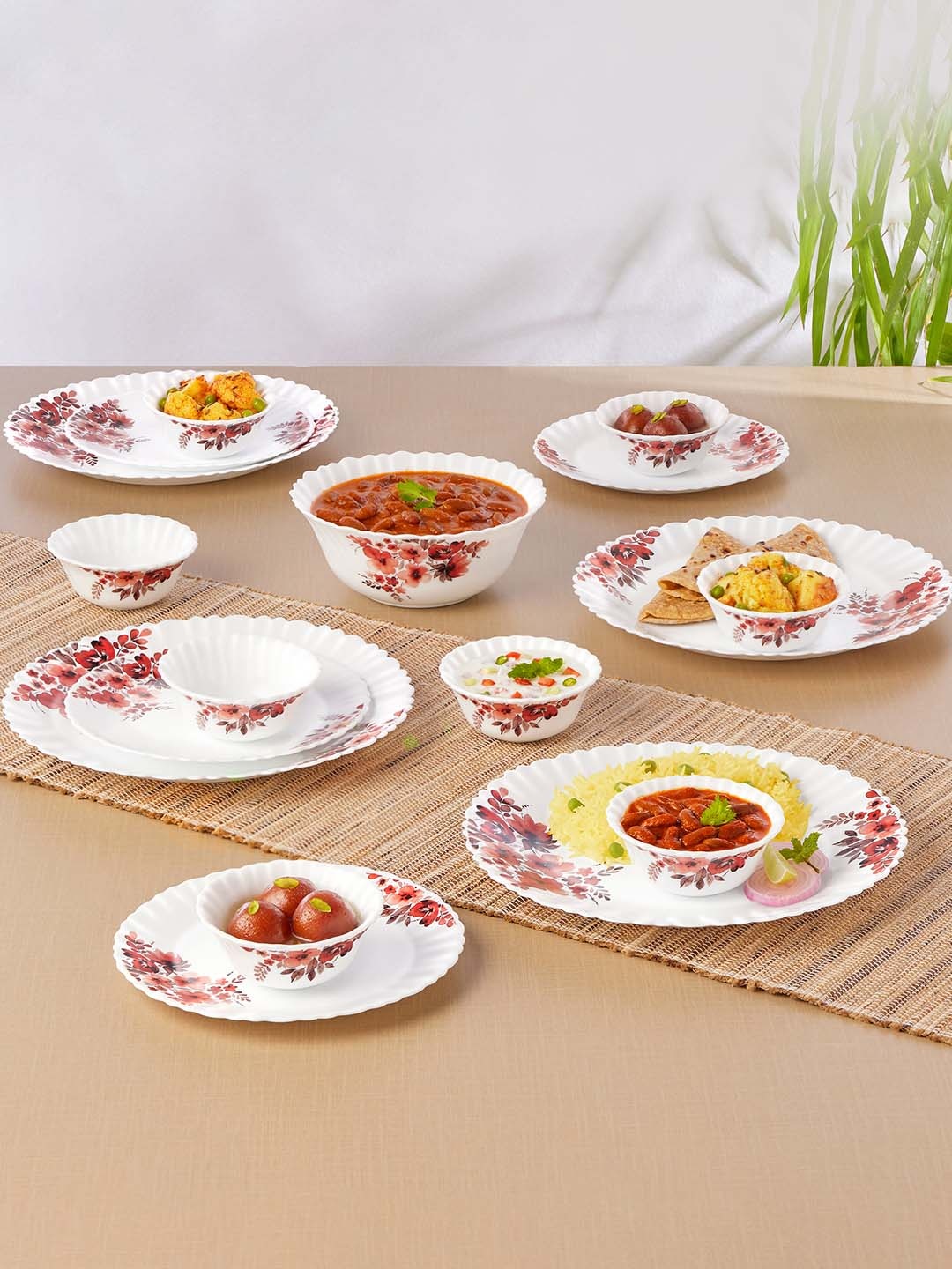 

Larah by BOROSIL White & Red 17 Pieces Printed Opalware Glossy Dinner Set