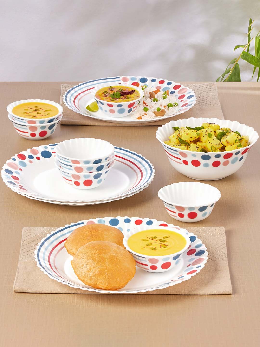 

Larah by BOROSIL White & Red 13 Pieces Printed Opalware Glossy Dinner Set