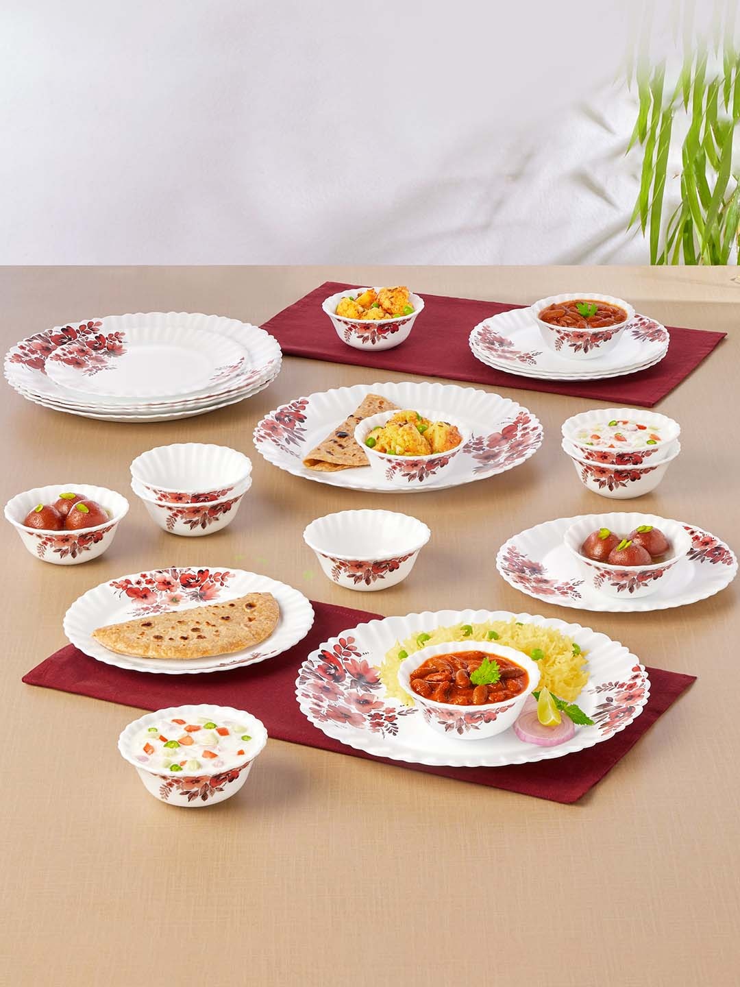 

Larah by BOROSIL Red & White 24 Pieces Floral Printed Opalware Glossy Dinner Set