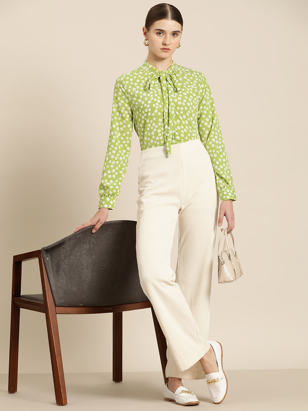 

her by invictus Floral Print Tie-Up Neck Shirt Style Top, Green