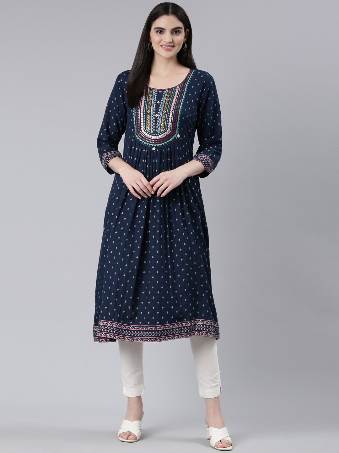 

Neerus Ethnic Motifs Printed A-Line Kurta, Navy blue