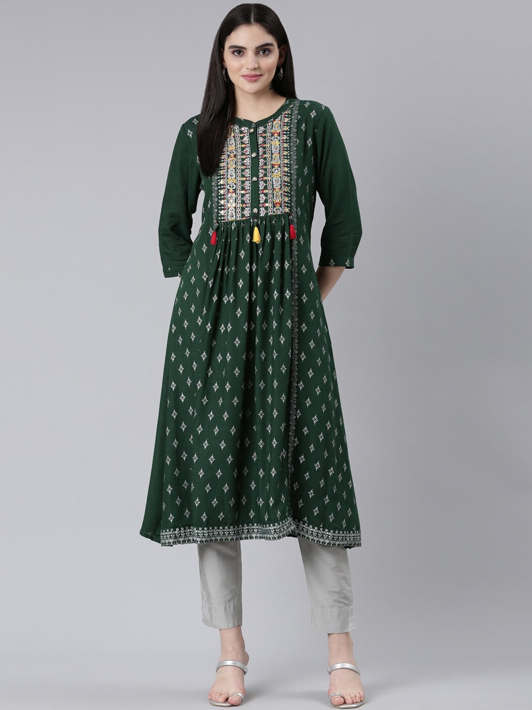 Neerus Ethnic Motifs Printed A-Line Kurta, Green