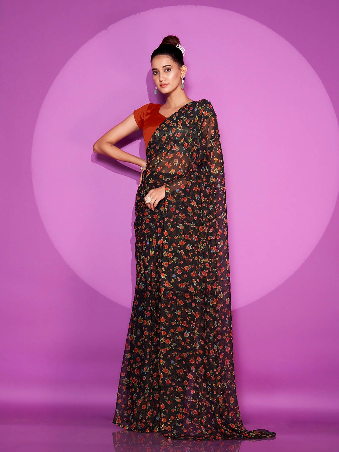 

Tikhi Imli Floral Printed Ready to Wear Saree, Black