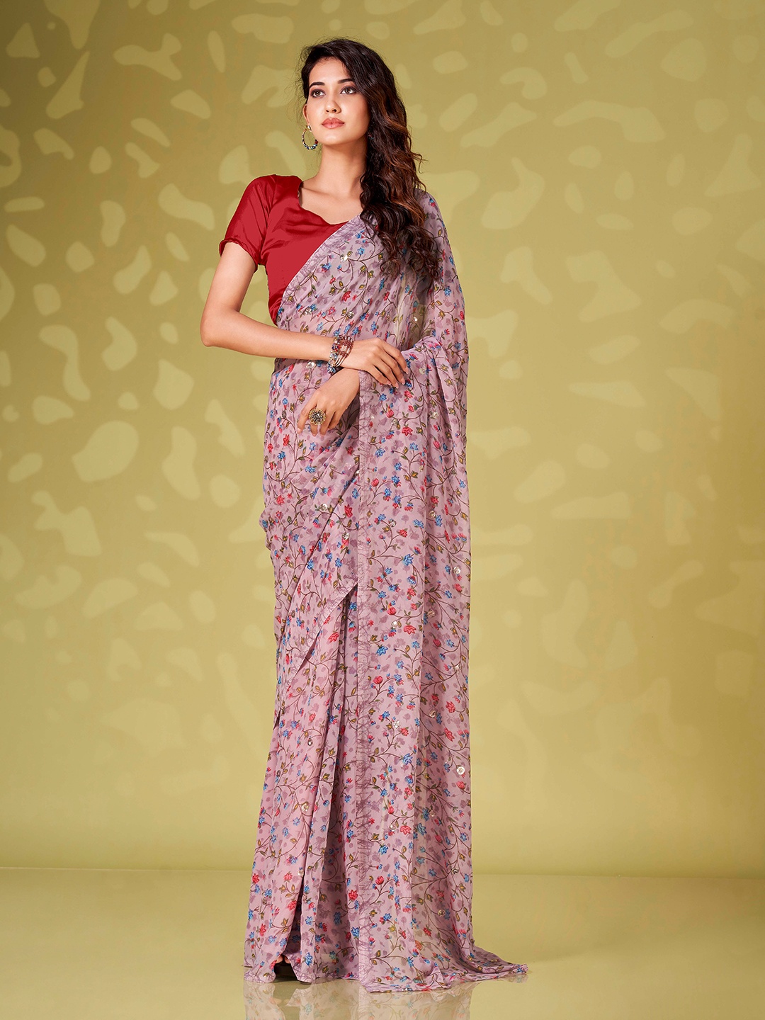 

Tikhi Imli Floral Printed Sequinned Poly Georgette Ready to Wear Saree, Mauve