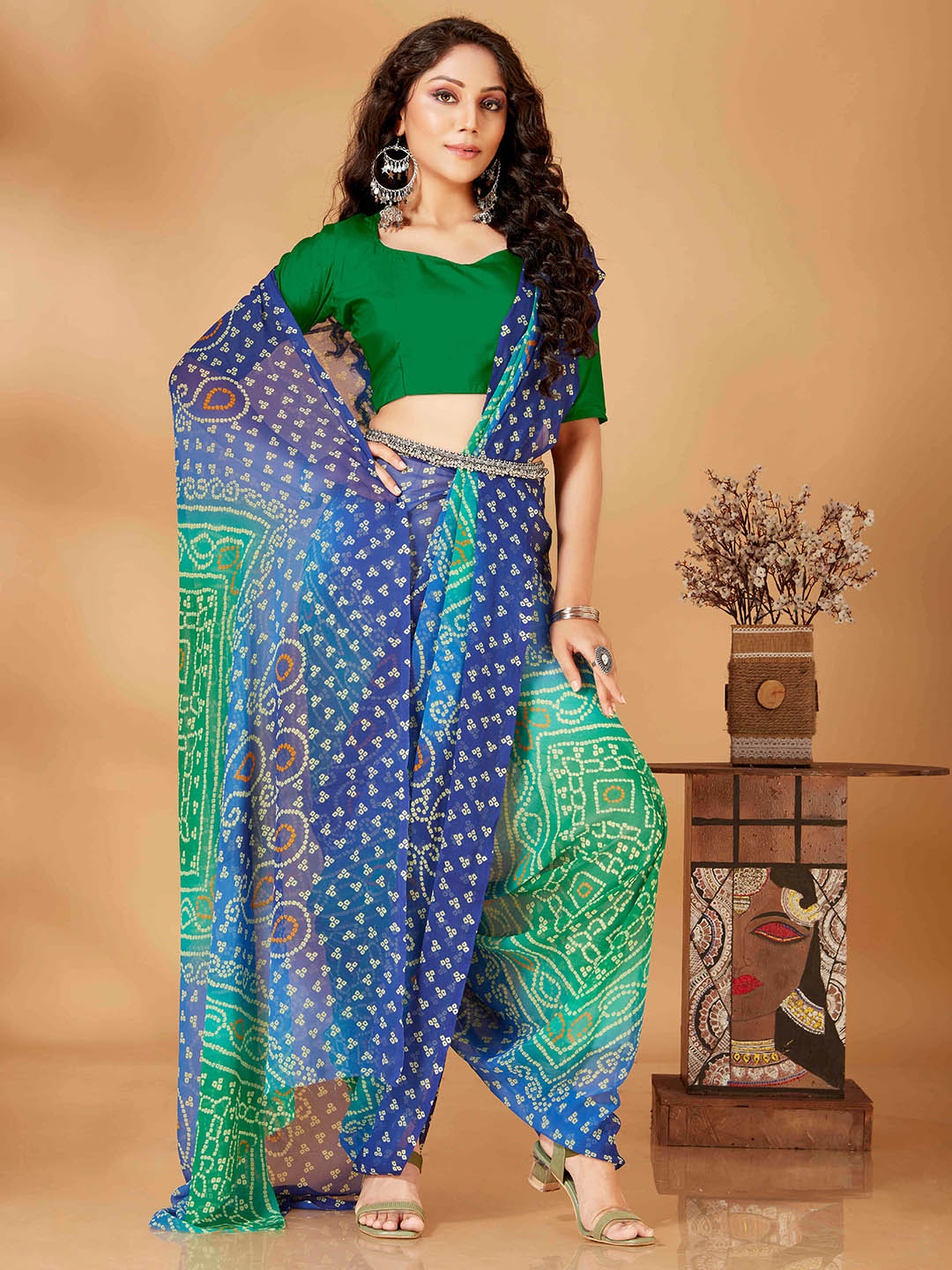 

Tikhi Imli Bandhani Printed Saree with Unstitched Blouse, Blue