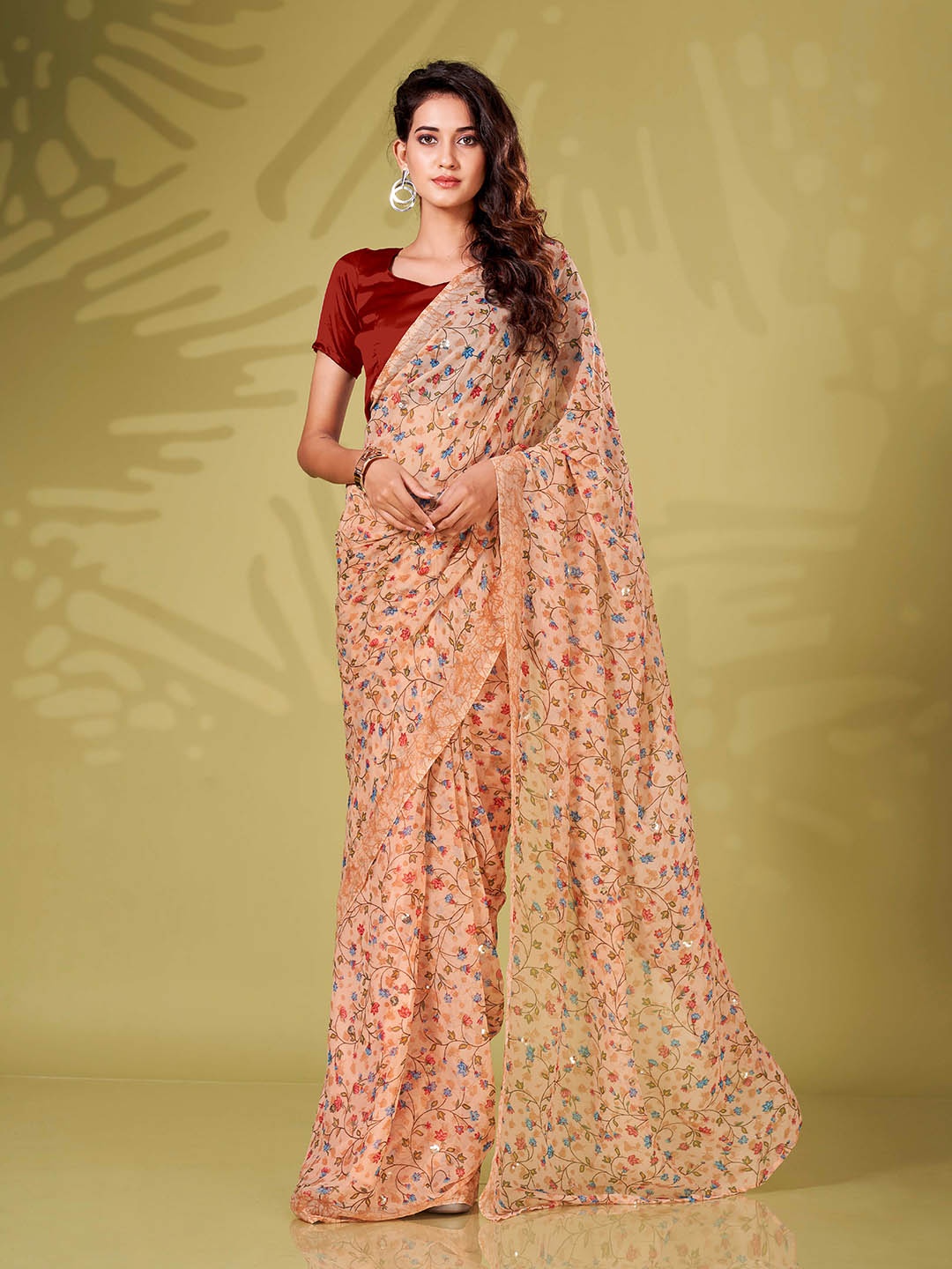 

Tikhi Imli Floral Printed Sequinned Poly Georgette Ready to Wear Saree, Peach