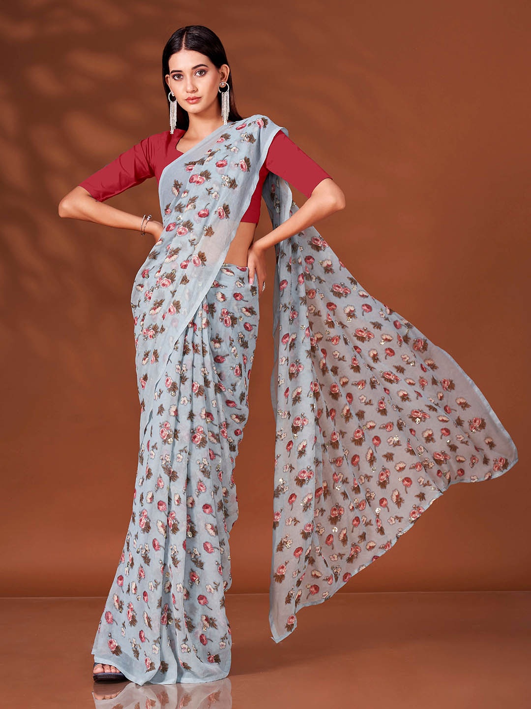 

Tikhi Imli Floral Embroidered Poly Georgette Ready to Wear Saree, Blue