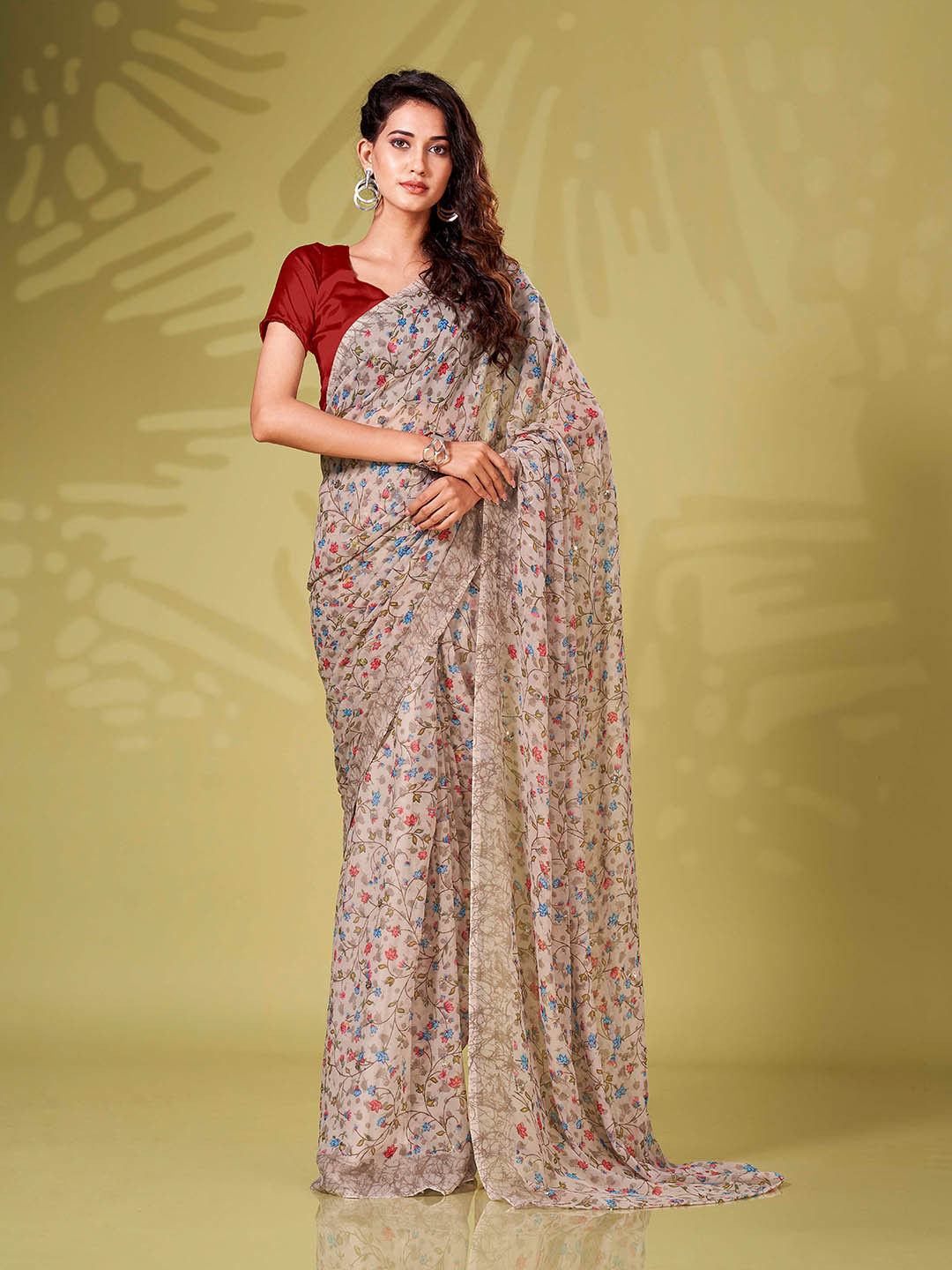 

Tikhi Imli Floral Printed Ready to Wear Saree, Grey