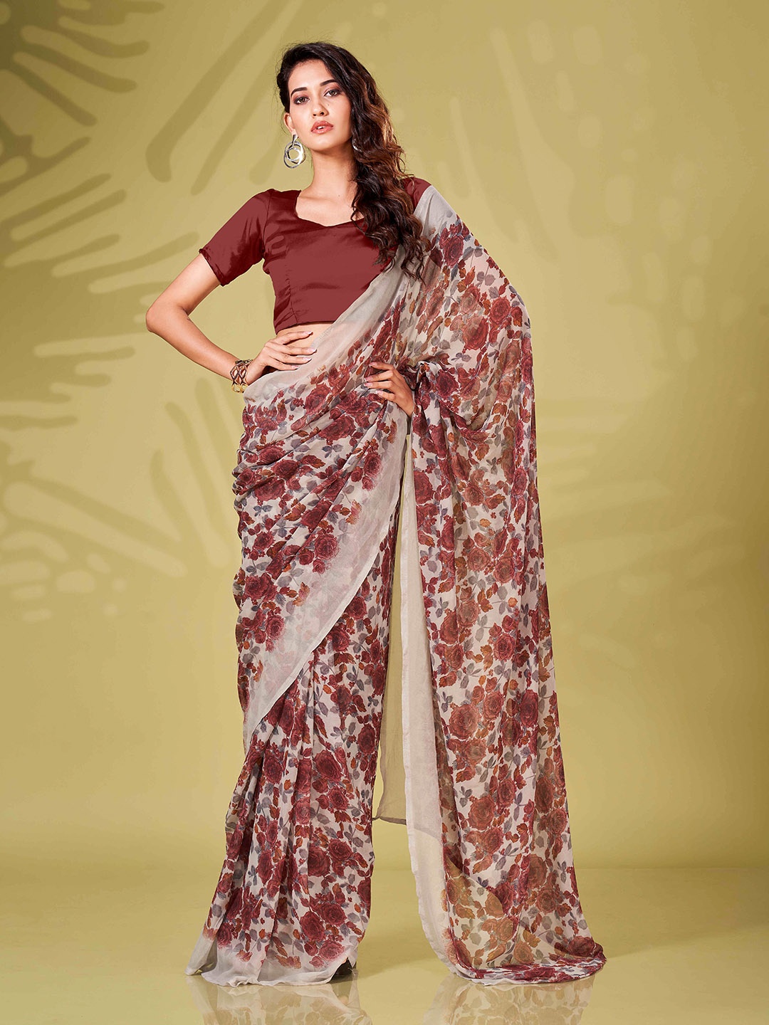 

Tikhi Imli Floral Printed Poly Georgette Ready to Wear Saree, Grey
