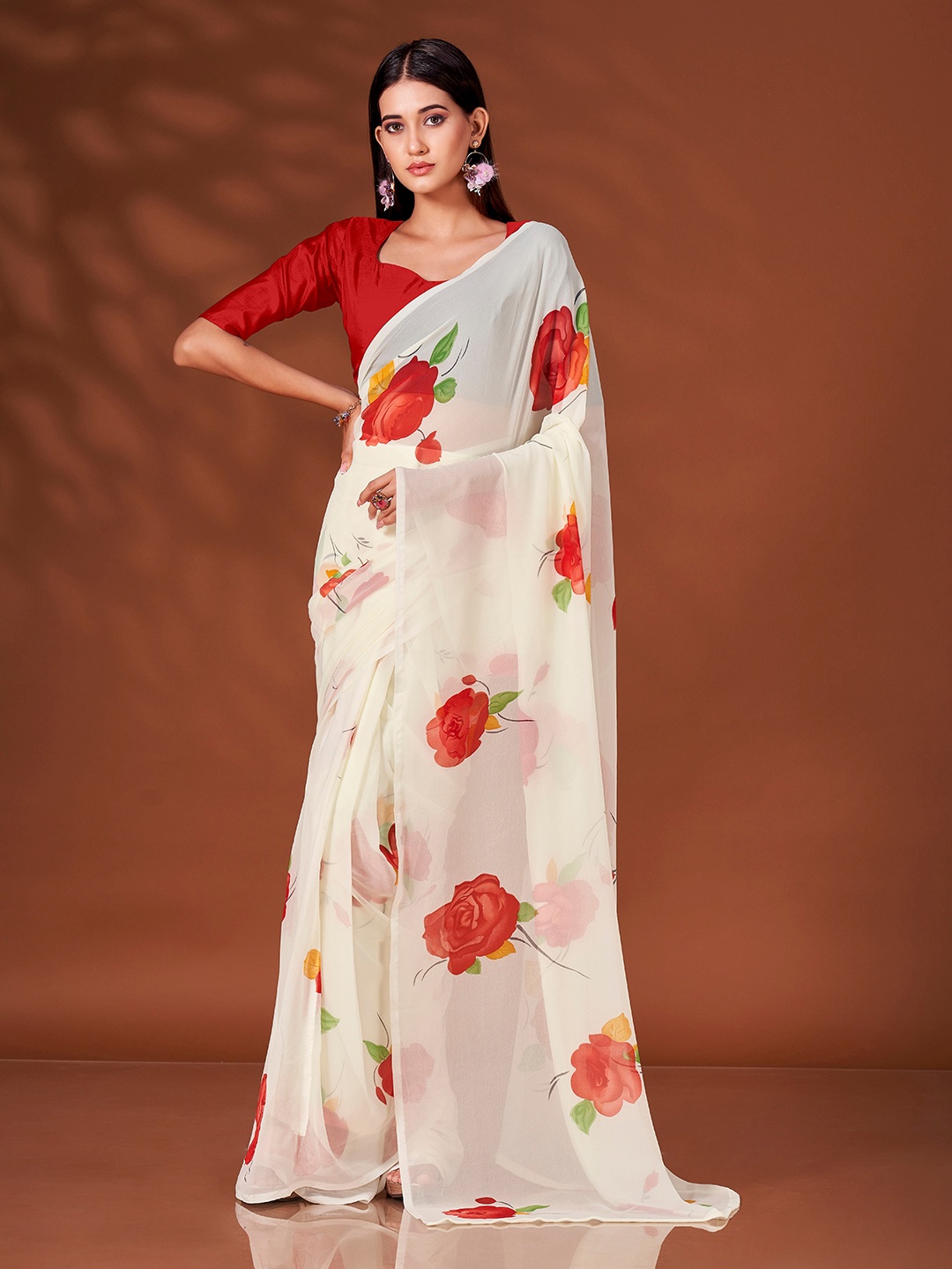 

Tikhi Imli Floral Printed Poly Georgette Ready to Wear Saree, Cream