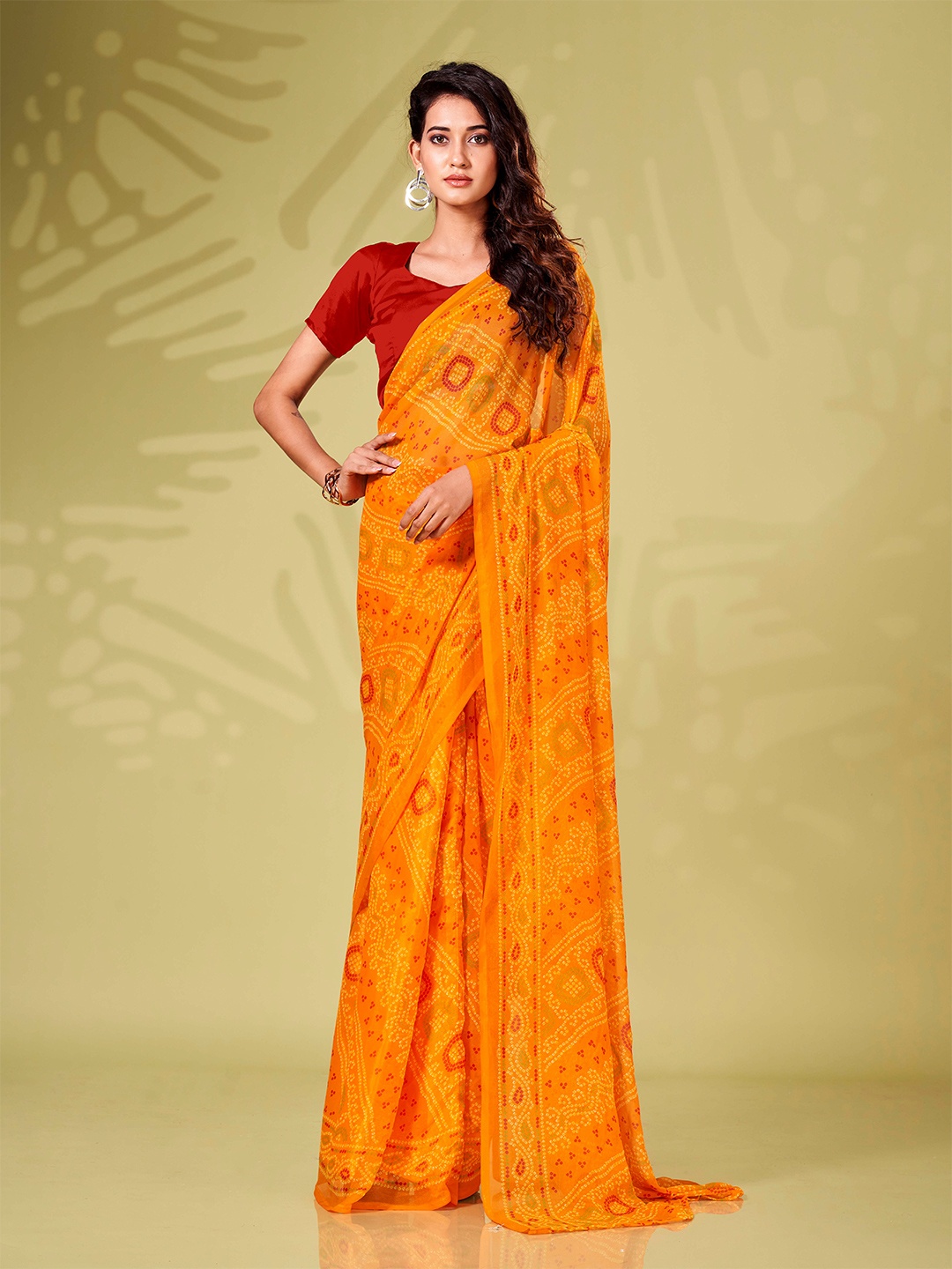 Tikhi Imli Bandhani Printed Poly Georgette Ready to Wear Saree, Orange