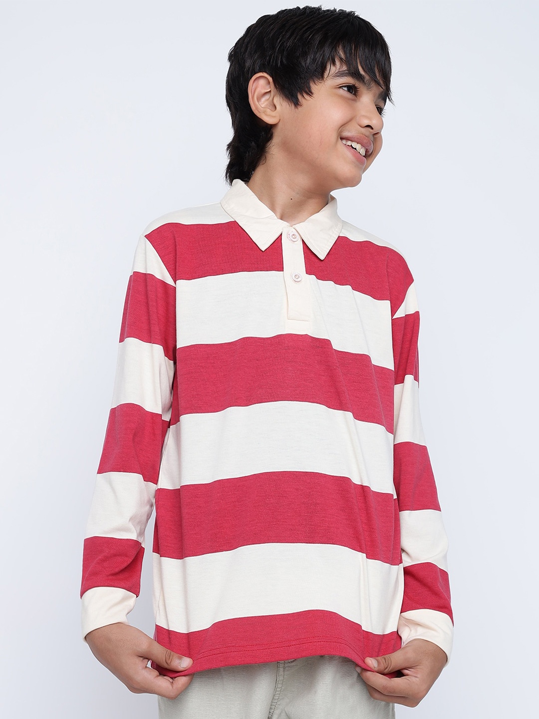 

Lil Tomatoes Boys Striped Polo Collar Full Sleeves Cotton T-shirt, Red