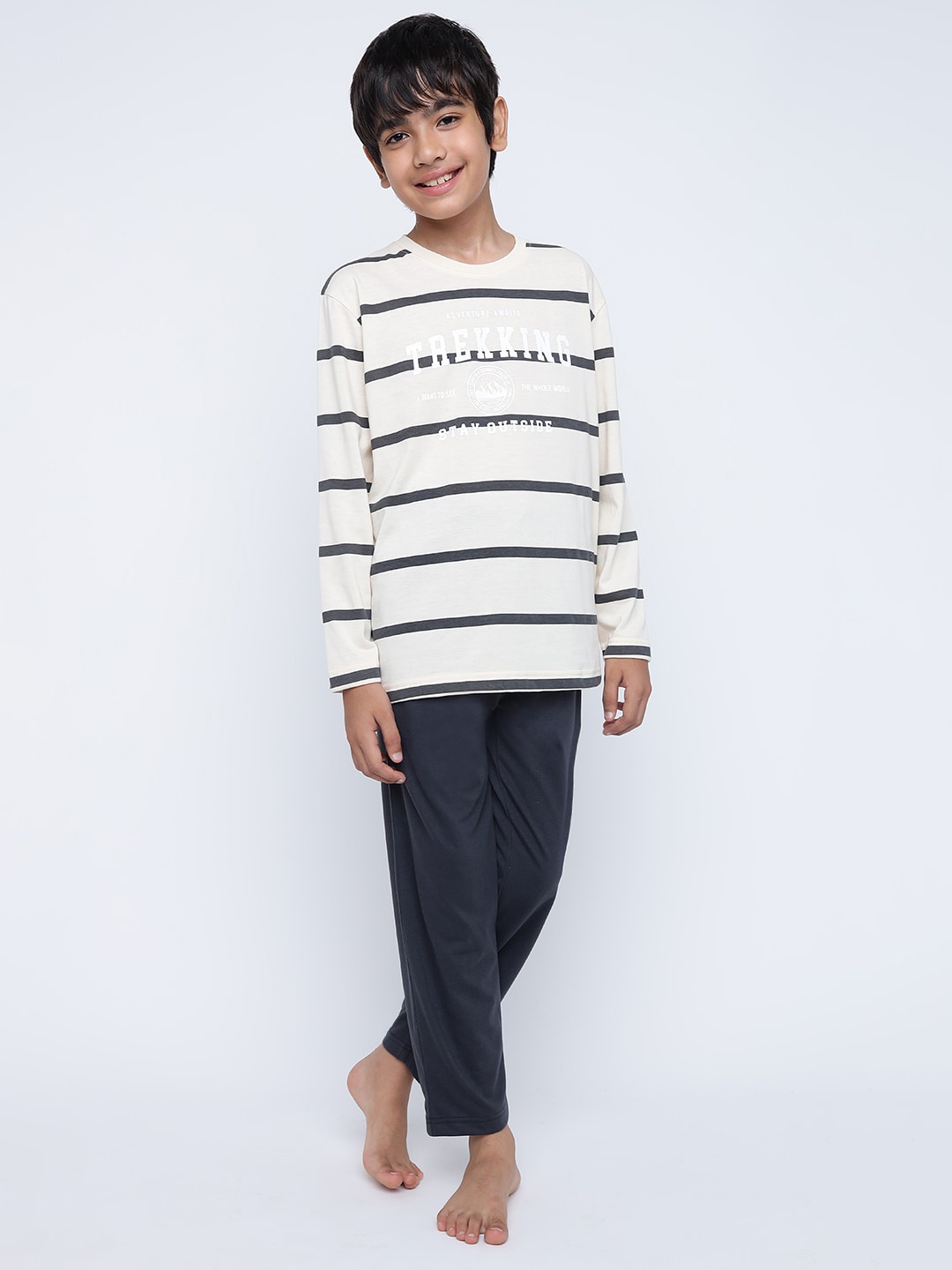 

Lil Tomatoes Boys Striped Long Sleeves Night suit, Cream