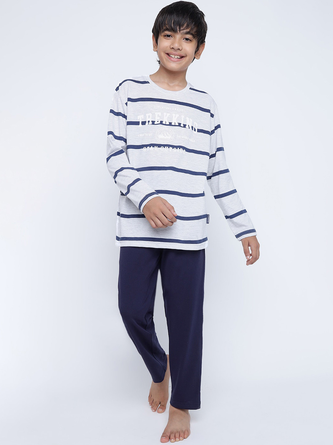 

Lil Tomatoes Boys Striped Long Sleeves Night suit, Navy blue