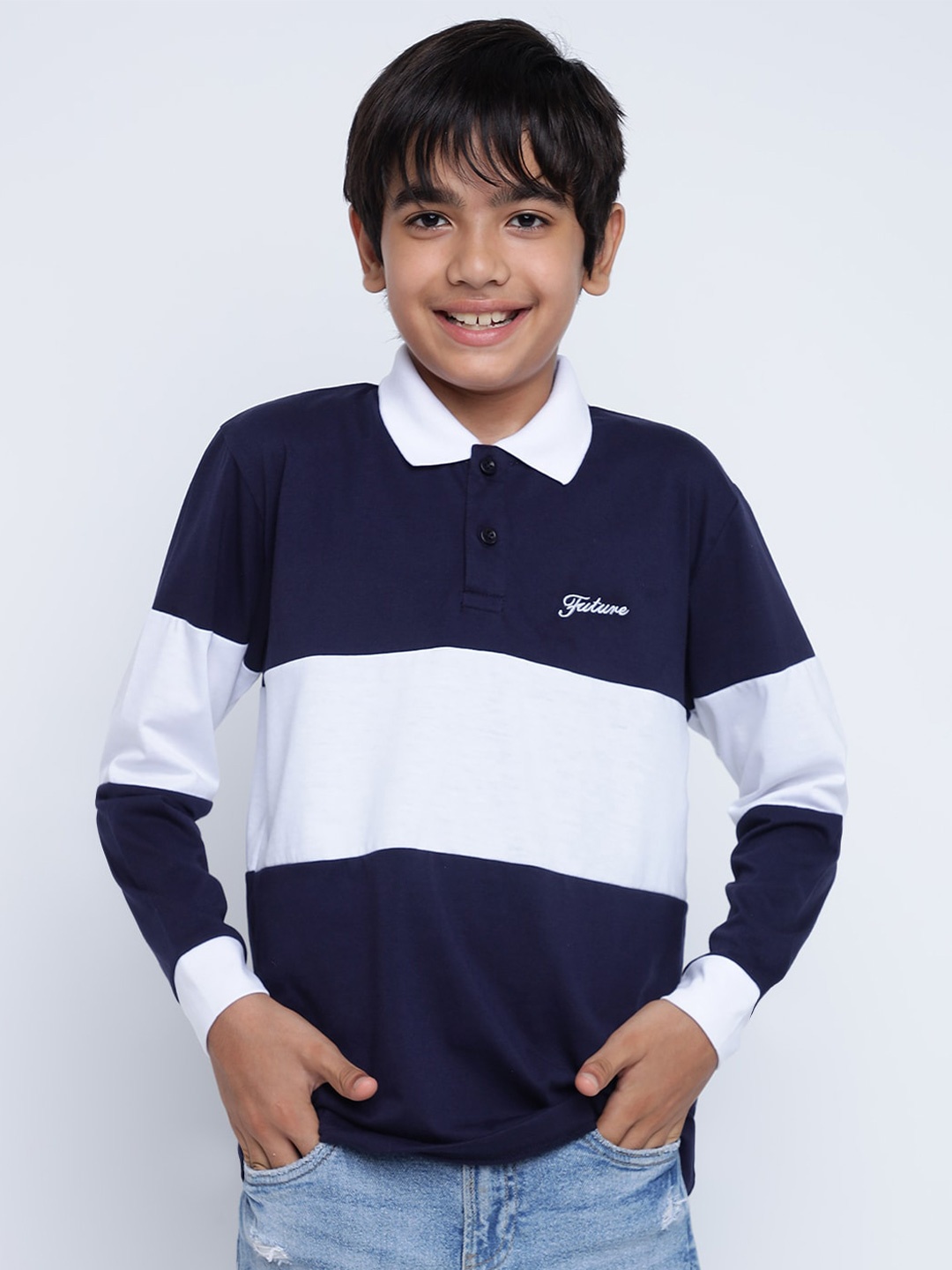 

Lil Tomatoes Boys Colourblocked Polo Collar T-shirt, Navy blue