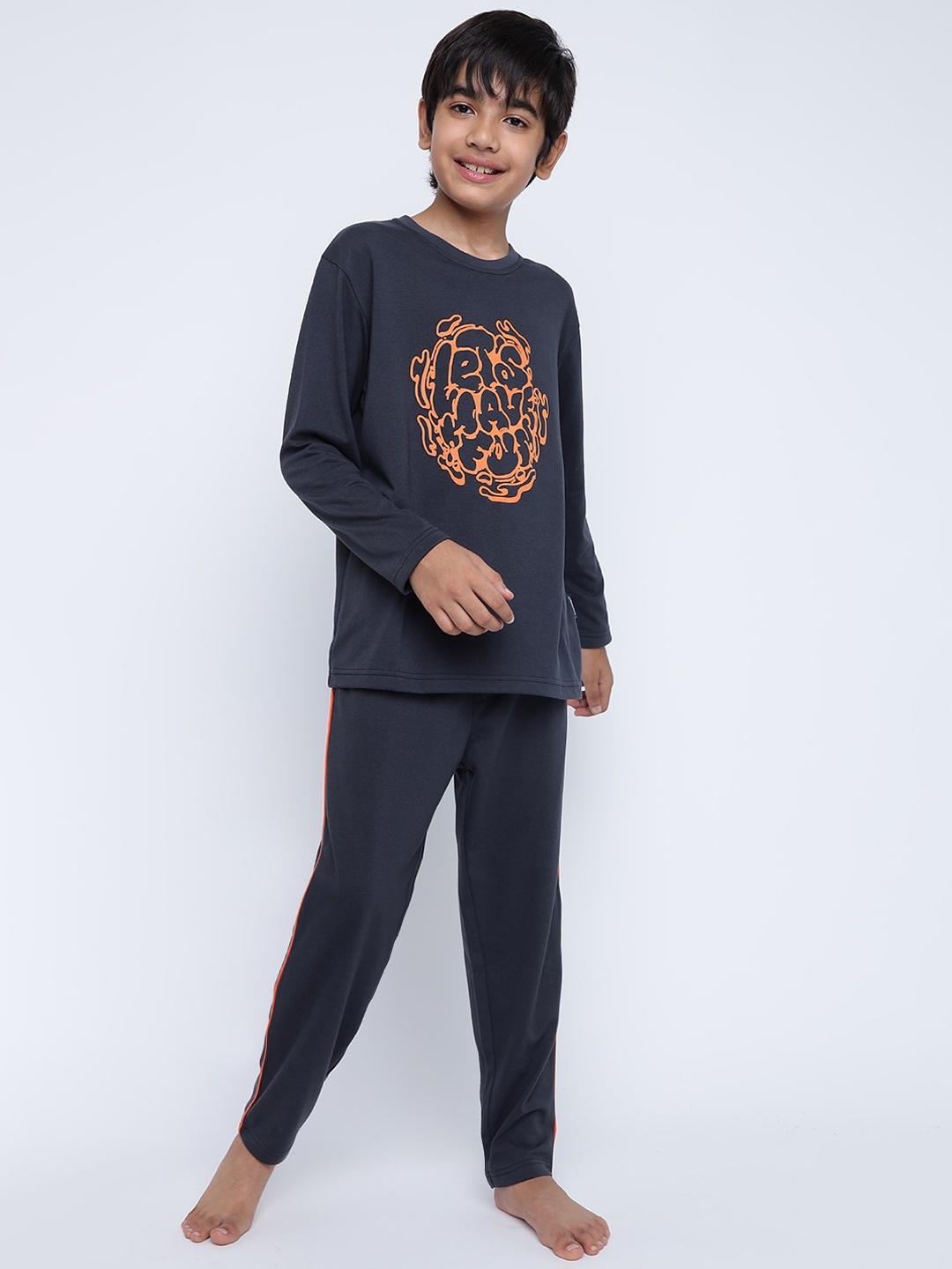 

Lil Tomatoes Boys Graphic Printed Long Sleeves Night suit, Charcoal