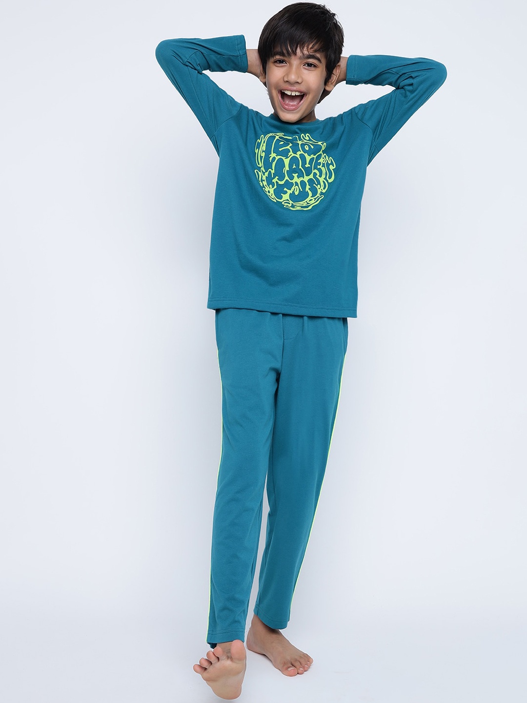 

Lil Tomatoes Boys Graphic Printed Round Neck Night suit, Teal