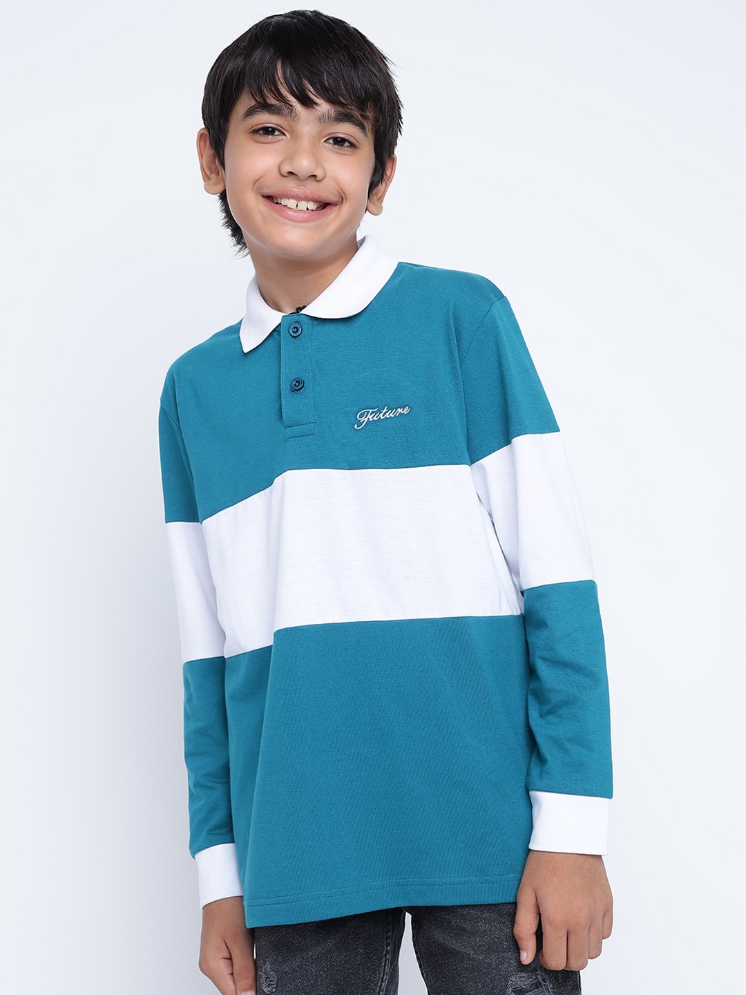 Lil Tomatoes Boys Colourblocked Polo Collar T-shirt, Teal