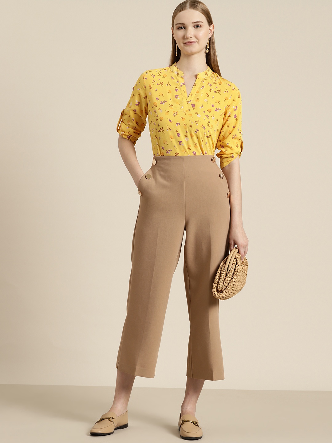 

her by invictus Floral Printed Mandarin Collar Roll-Up Sleeves Top, Yellow