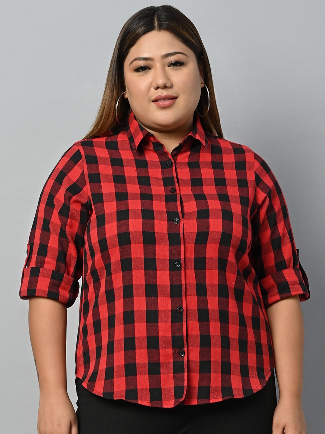 

Vastraa Fusion Plus Size Spread Collar Comfort Buffalo Checks Opaque Cotton Casual Shirt, Red