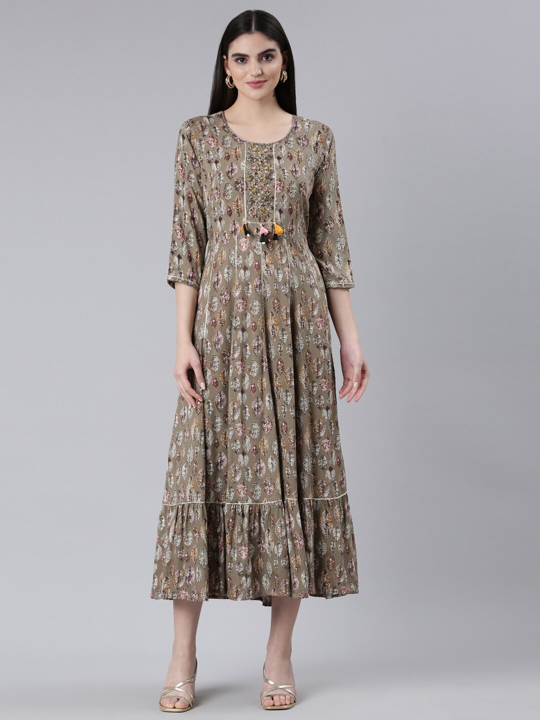 

Neerus Floral Printed Cotton Fit & Flare Midi Dress, Brown