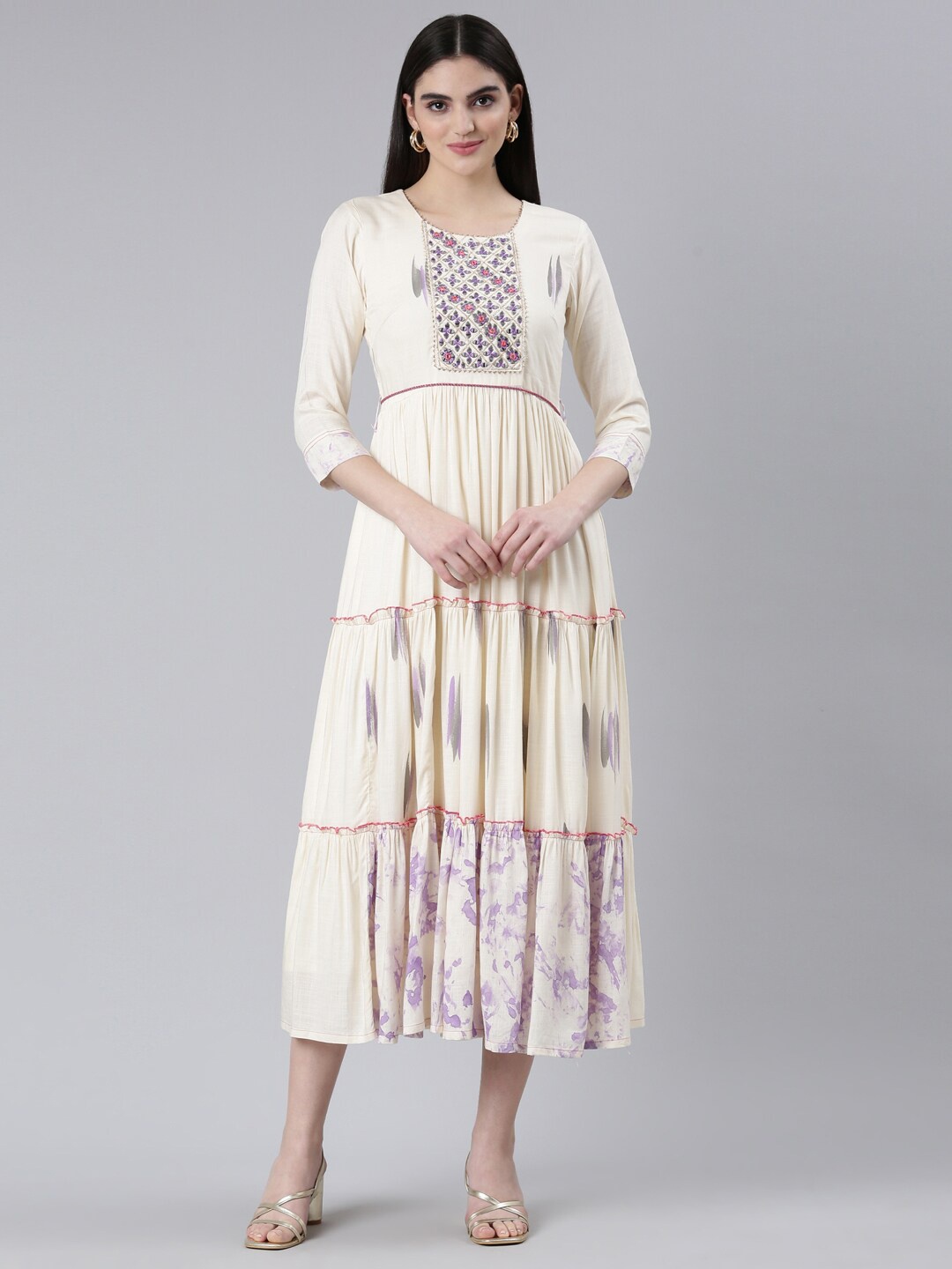 

Neerus Abstract Printed Embellished Tiered Ethnic Dress, Cream