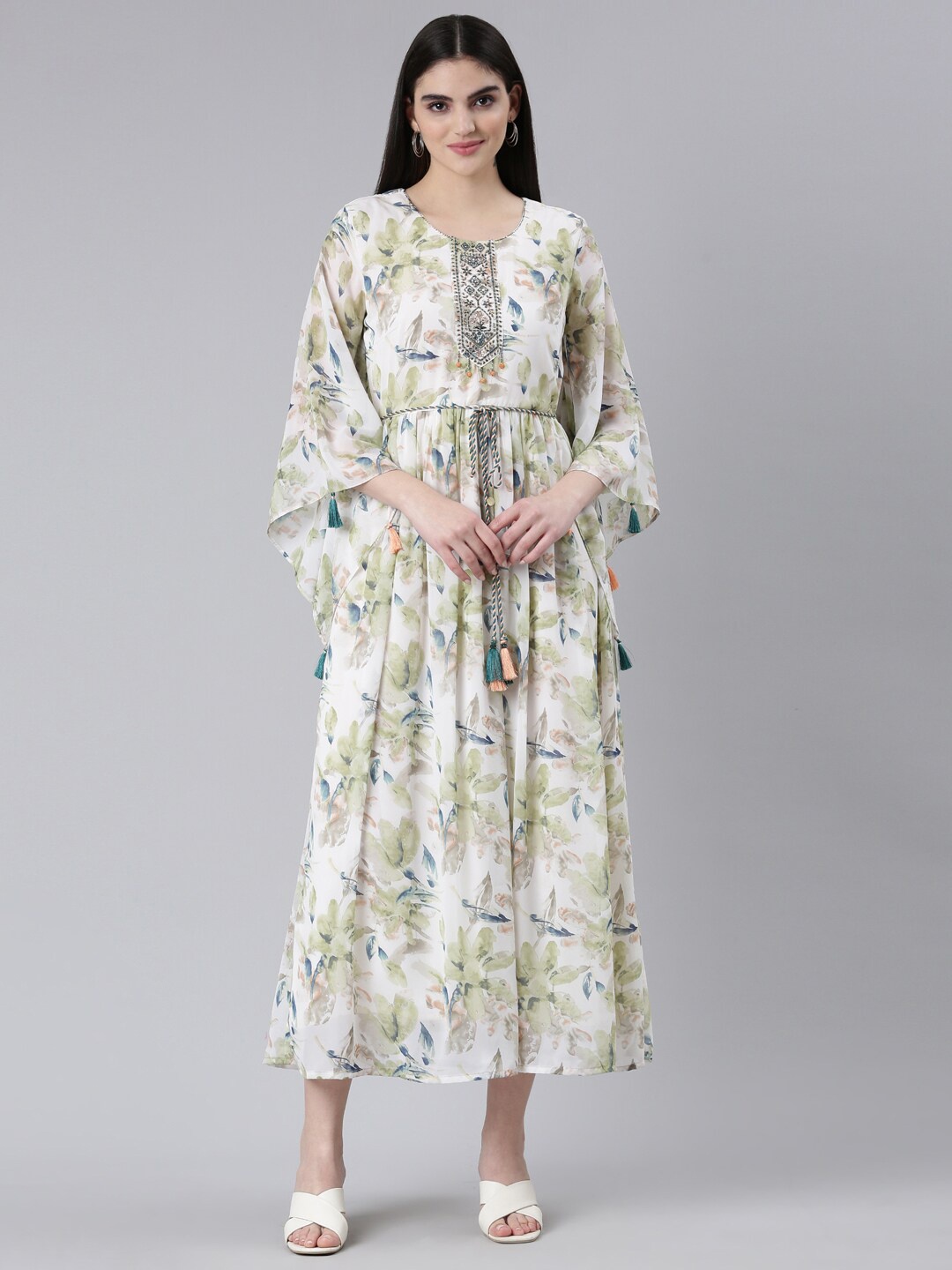 

Neerus Floral Printed Bell Sleeve Georgette Fit & Flare Ethnic Dress, Green