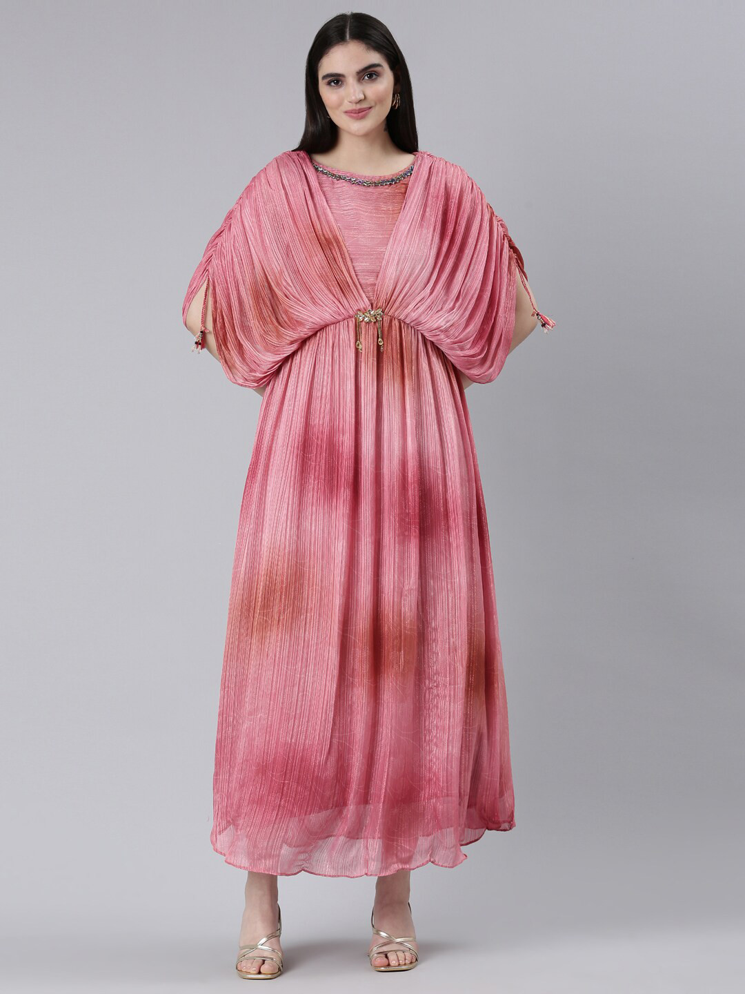 

Neerus Floral Printed Kimono Sleeves Embellished Maxi Dress, Pink