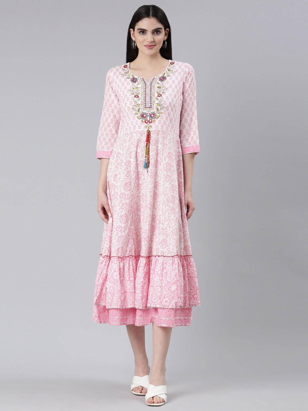 

Neerus Floral Printed Embroidered Detail Cotton A-Line Ethnic Midi Dress, White