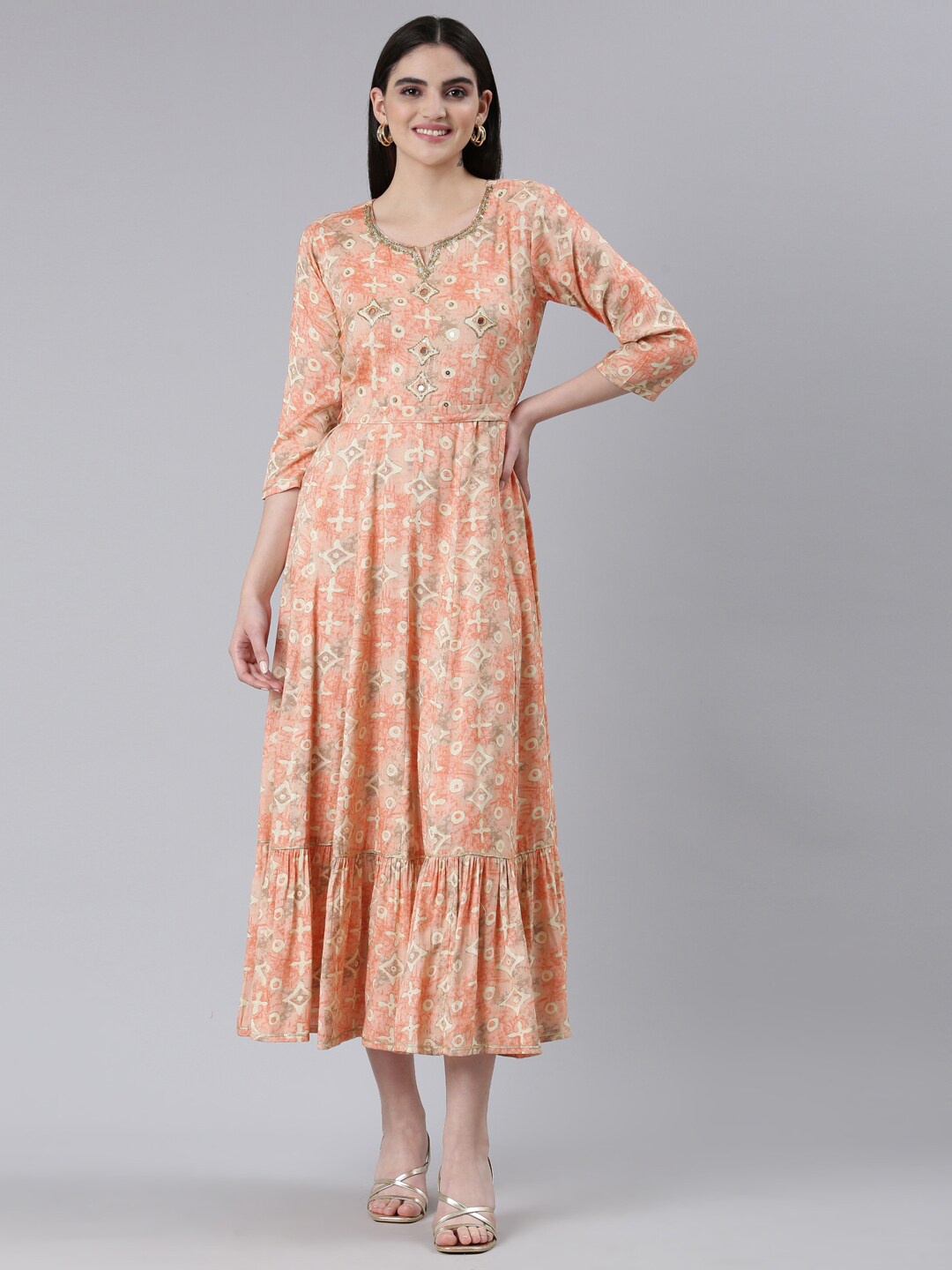 

Neerus Ethnic Motifs Printed Embellished A-Line Ethnic Dress, Orange