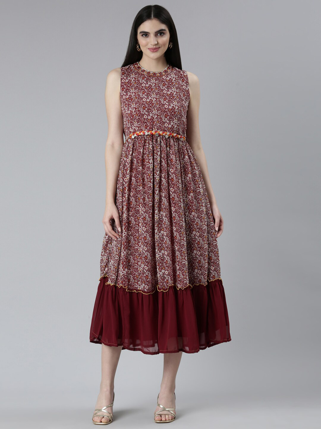 

Neerus Floral Printed Gathered Fit & Flare Midi Dress, Maroon
