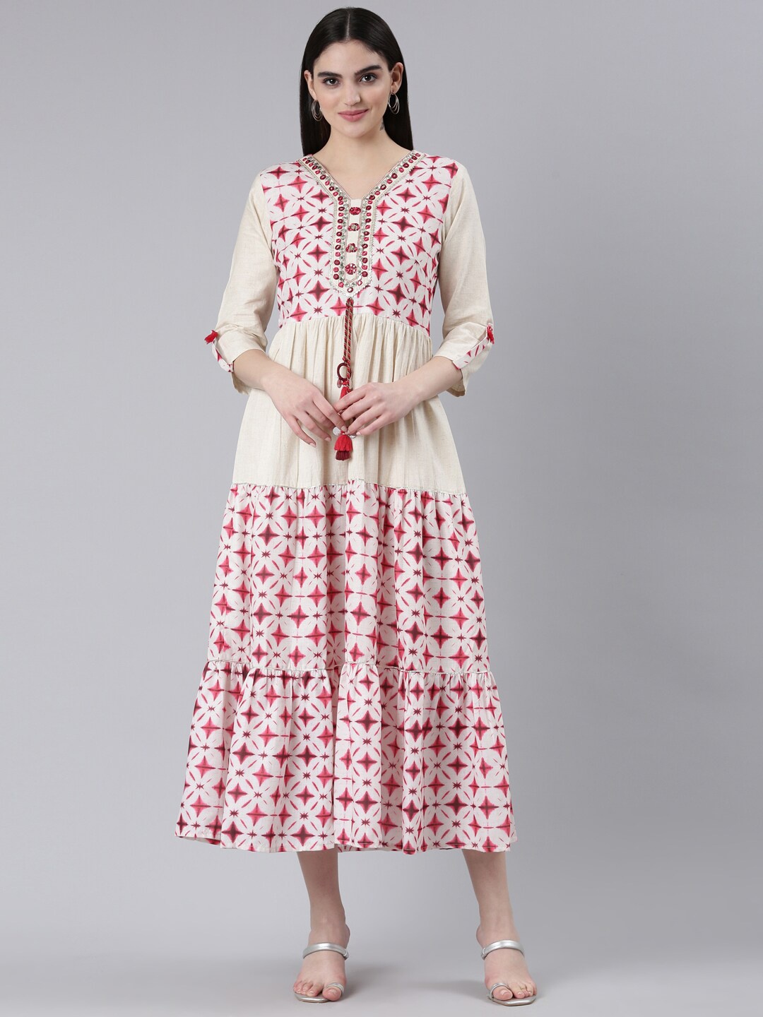 

Neerus Geometric Printed Embroidered Detail A-Line Ethnic Midi Dress, Pink