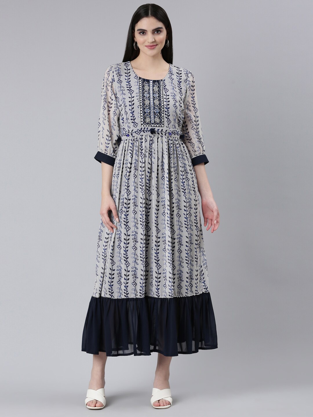 

Neerus Floral Printed Cotton Fit & Flare Midi Dress, Cream