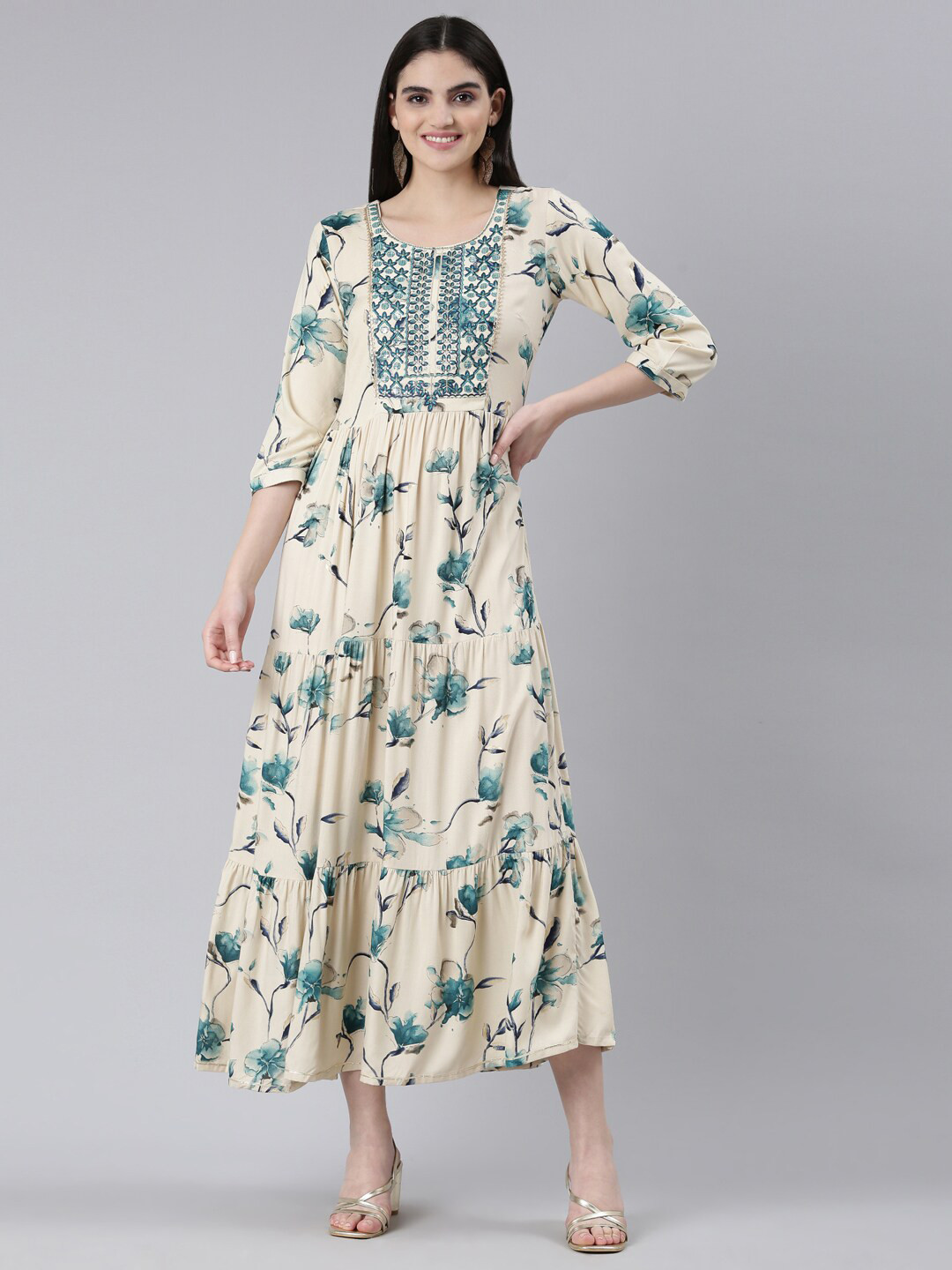 

Neerus Floral Printed Embellished Tiered A-Line Ethnic Dress, Blue