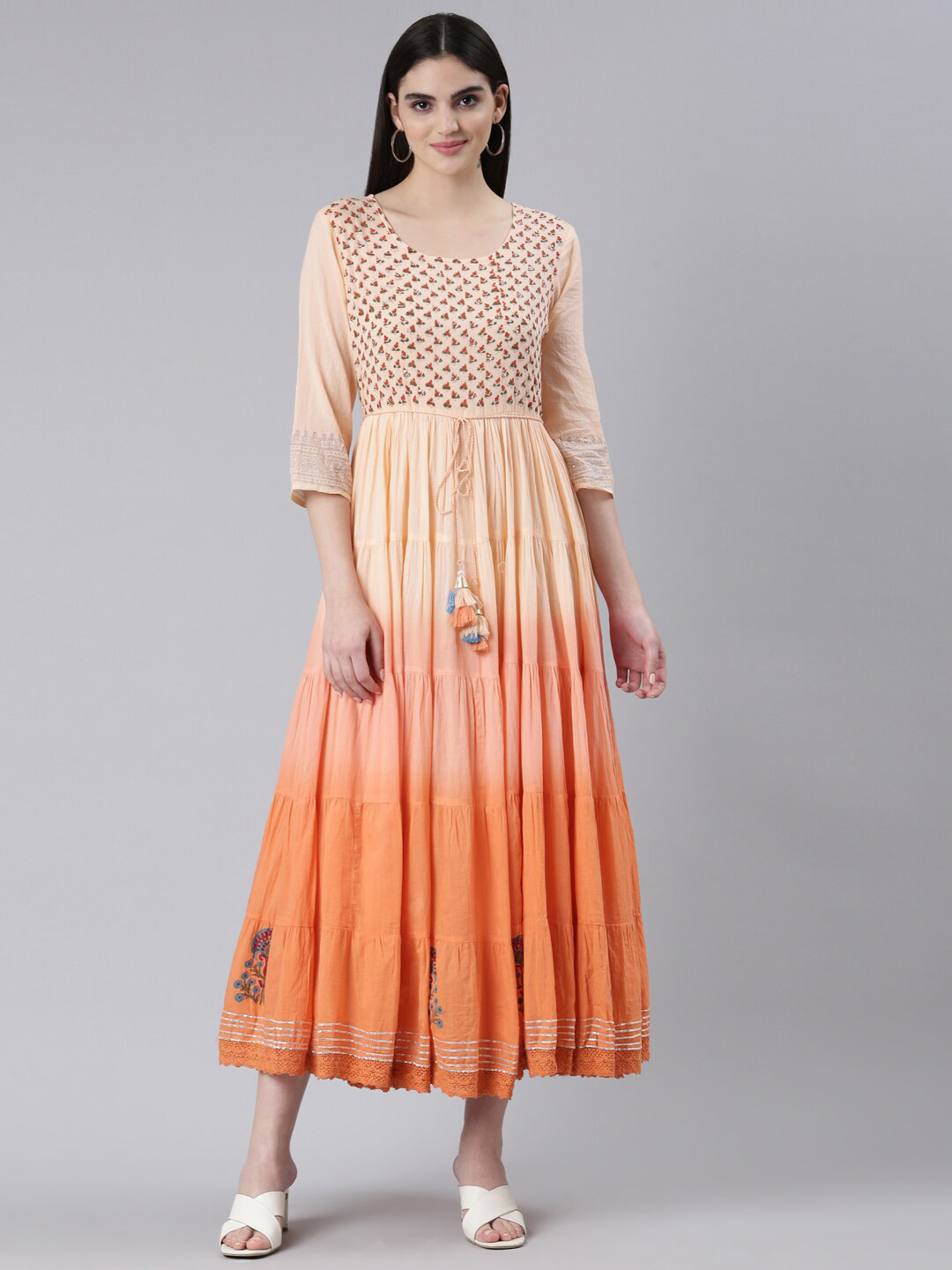 

Neerus Floral Printed Tiered Cotton Fit & Flare Maxi Dress, Peach