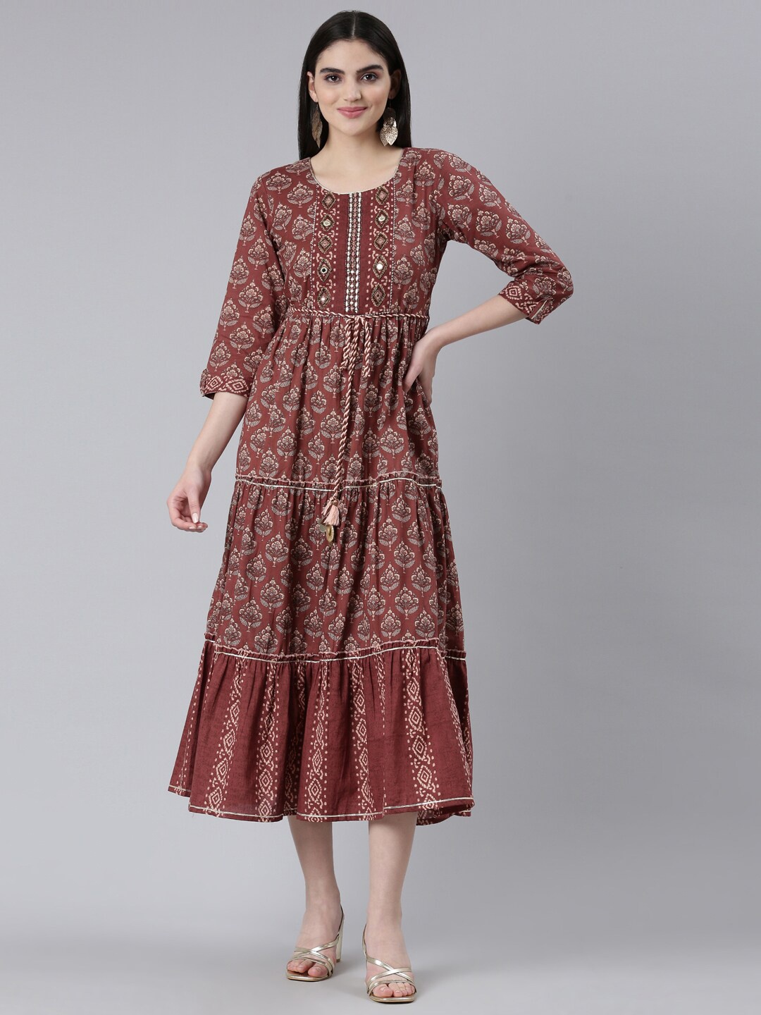 

Neerus Ethnic Motifs Printed Embroidered Detail A-Line Ethnic Midi Dress, Brown