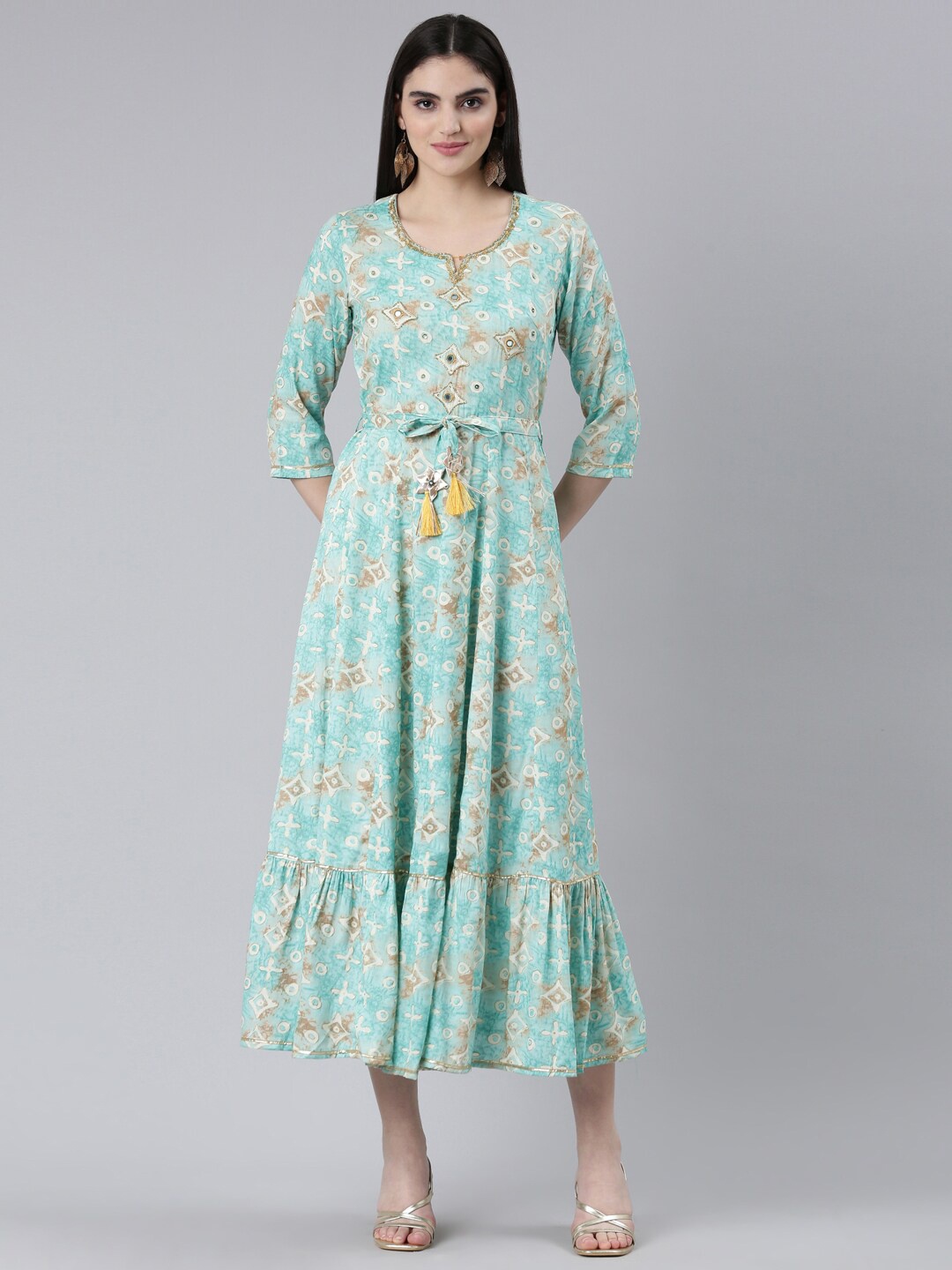 

Neerus Geometric Printed Sequined Detail A-Line Ethnic Midi Dress, Sea green