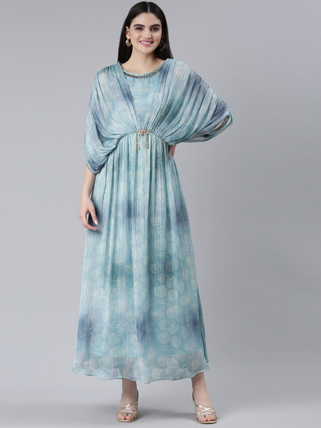 

Neerus Floral Printed Kimono Sleeves Embellished Maxi Dress, Blue