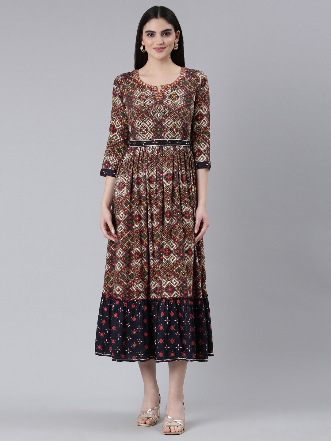

Neerus Ethnic Motifs Printed A-Line Ethnic Dress, Grey