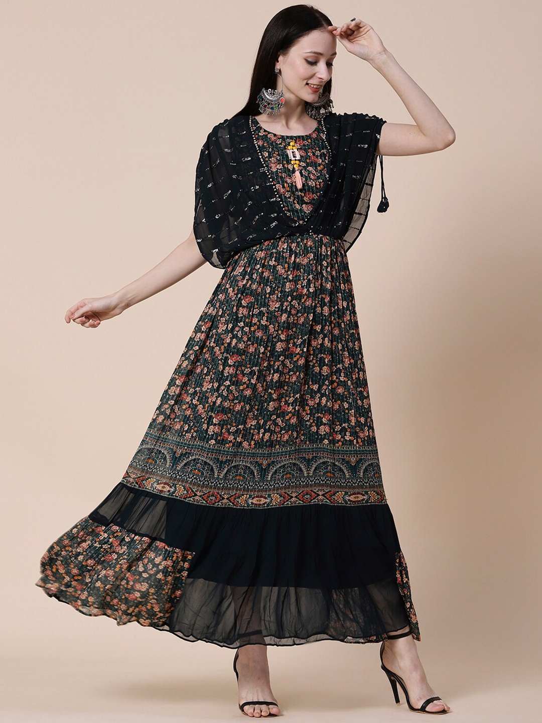 

FASHOR Green Floral Printed Gathered or Pleated Fit and Flare Dress