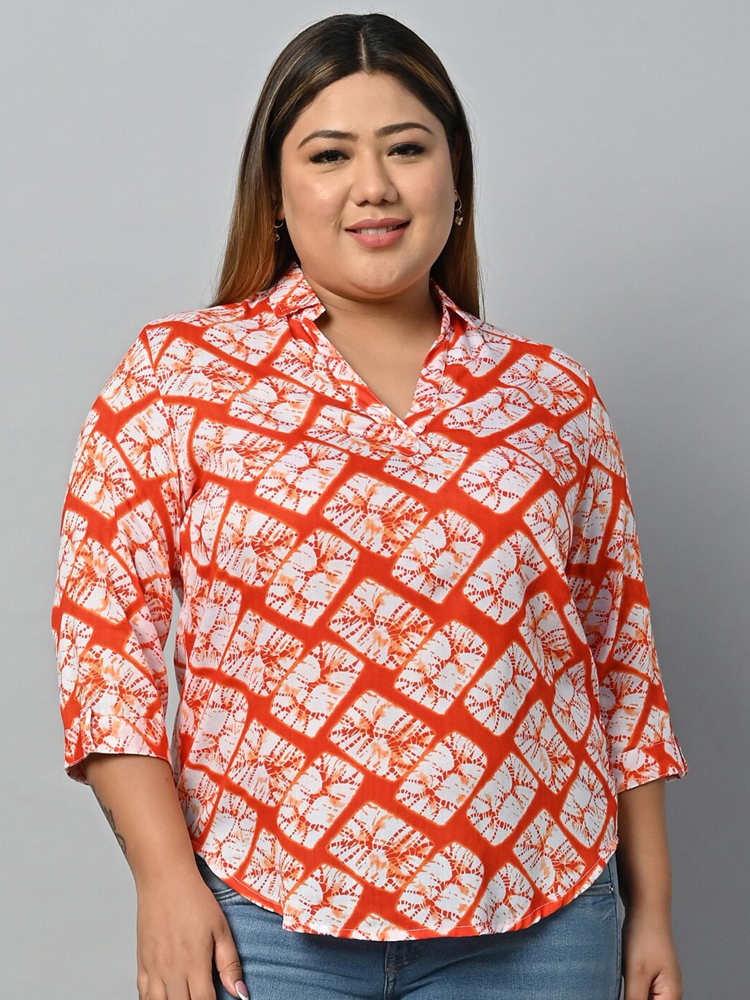 Vastraa Fusion Plus Size Abstract Printed Shirt Style Top, Orange