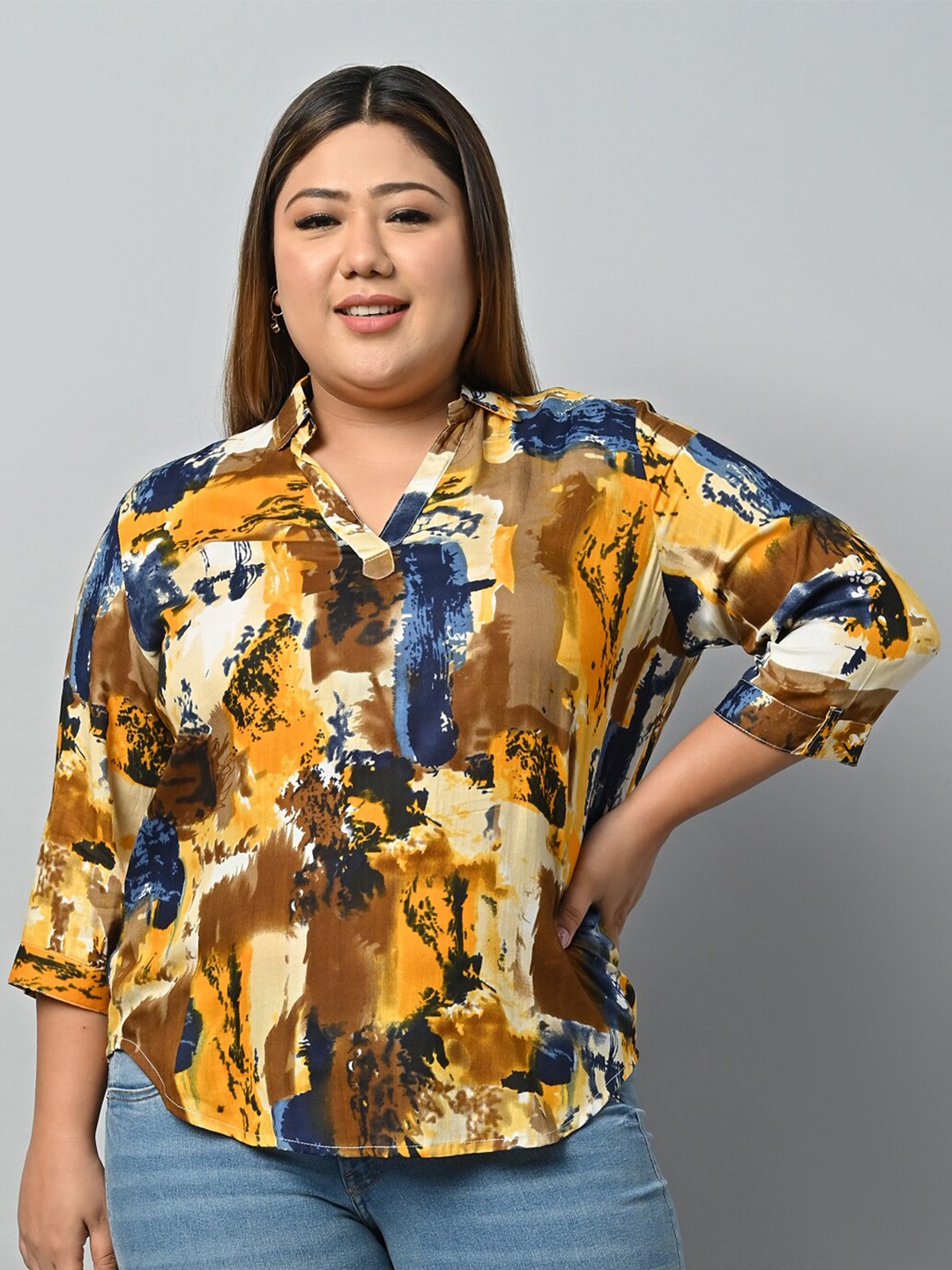Vastraa Fusion Plus Size Abstract Printed Shirt Style Top, Mustard
