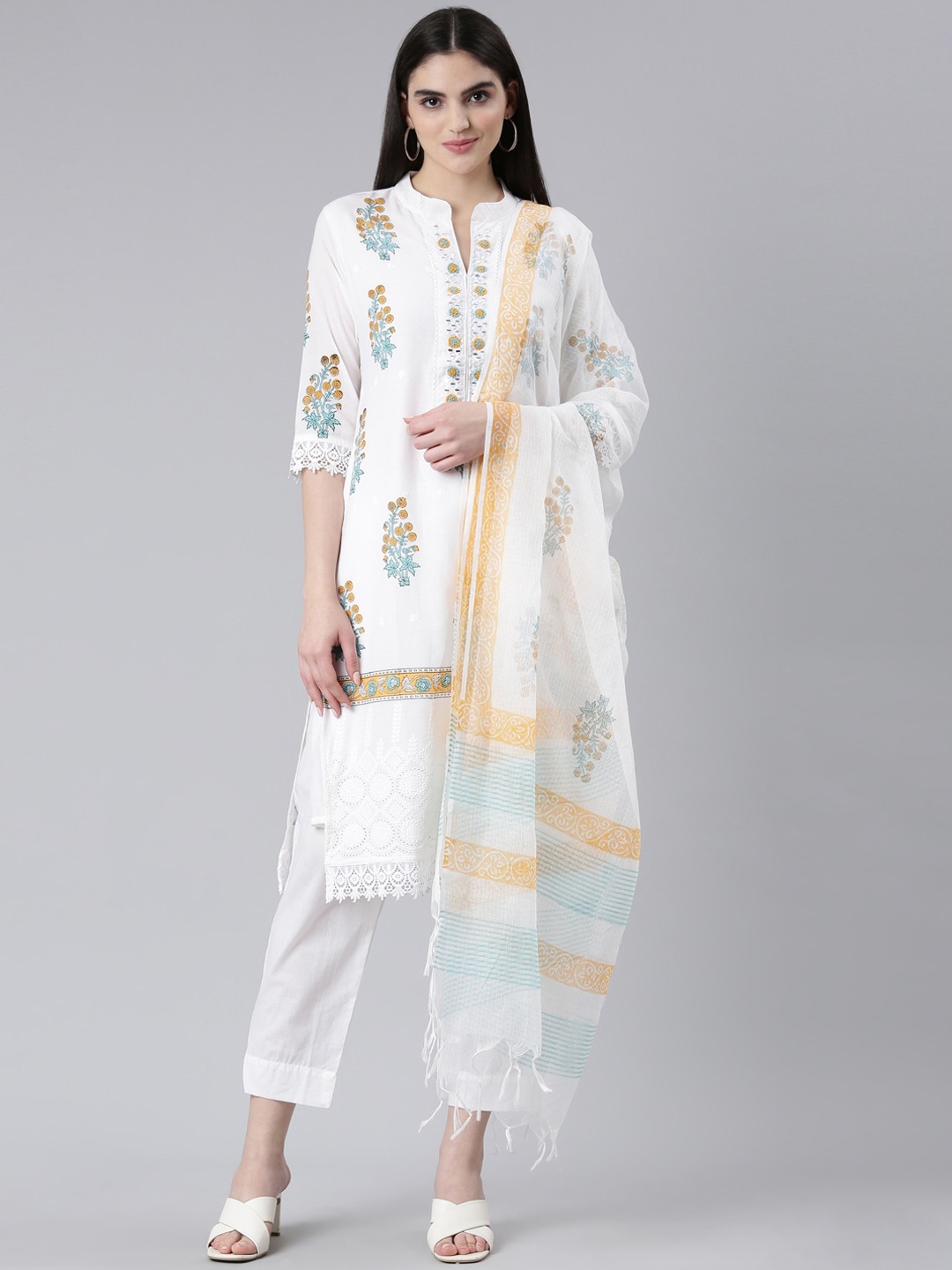 

Neerus Floral Printed Pure Cotton Kurta With Trousers & Dupatta, White