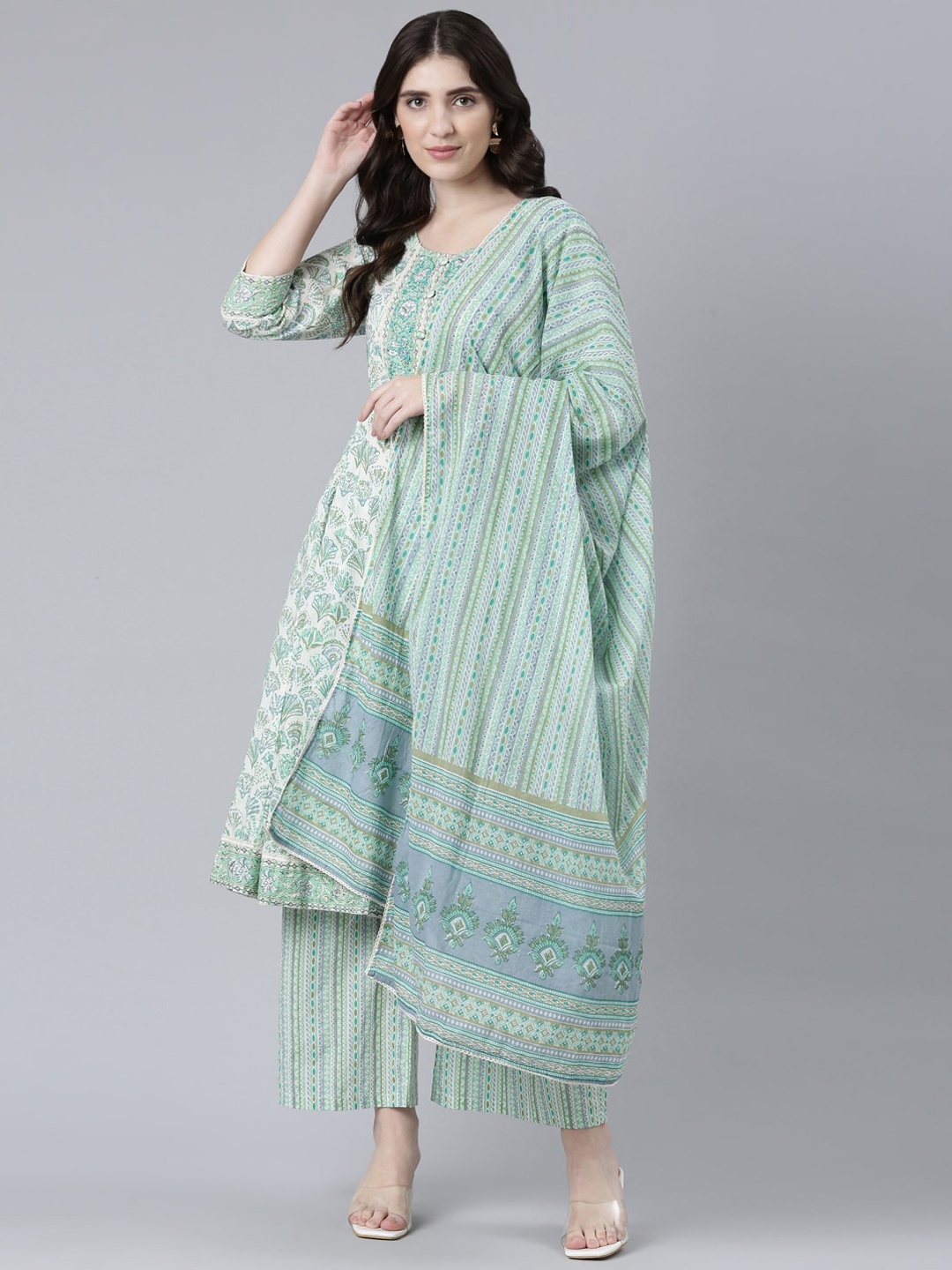 Neerus Floral Printed Regular Pure Cotton Kurta With Palazzos & Dupatta, Sea green