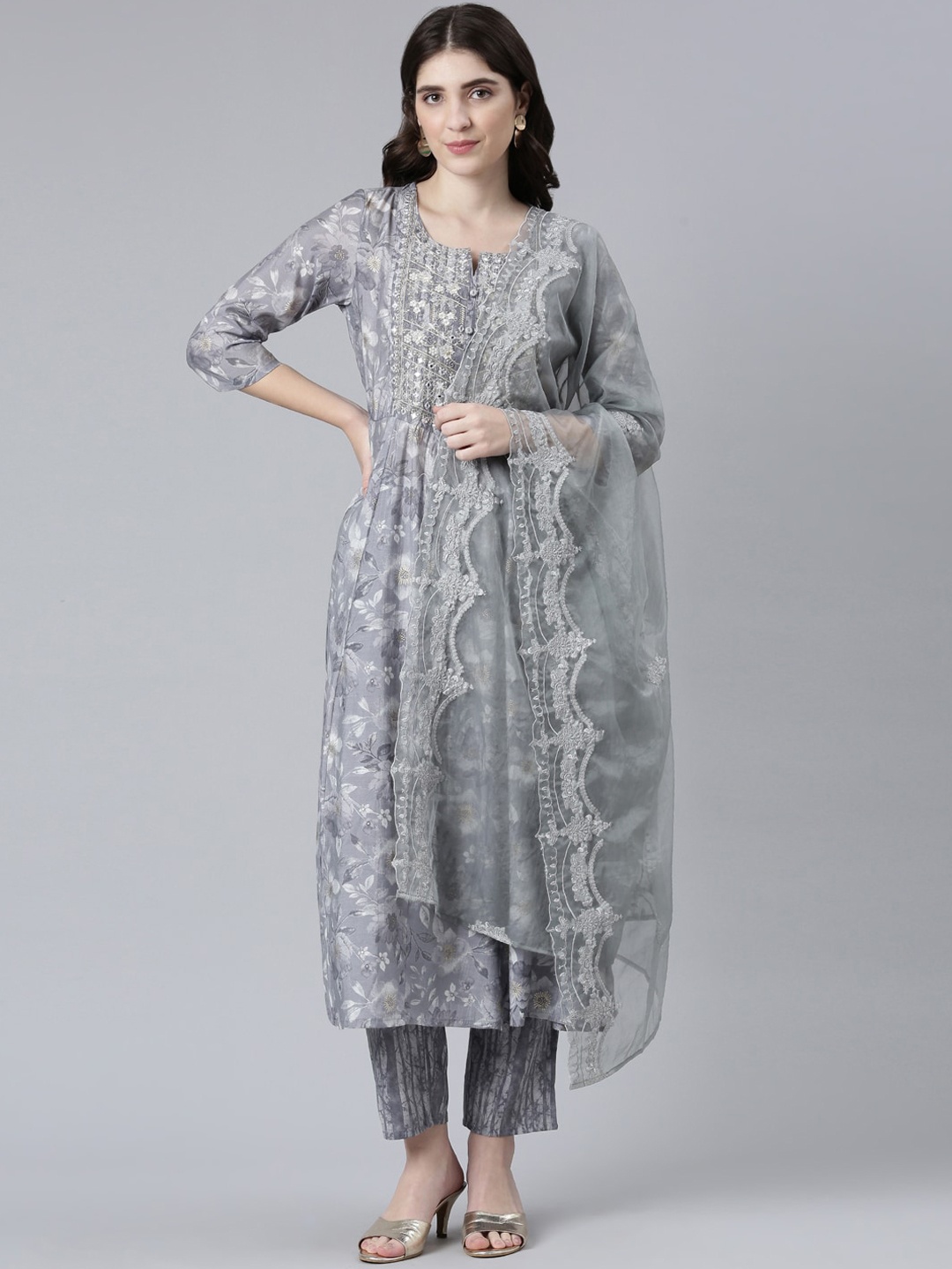 

Neerus Floral Printed Anarkali Kurta With Trousers & Dupatta, Grey