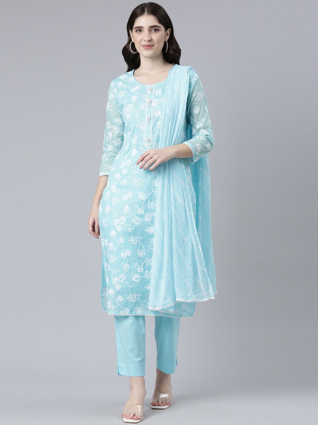 

Neerus Floral Embroidered Straight Kurta With Trousers & Dupatta, Blue