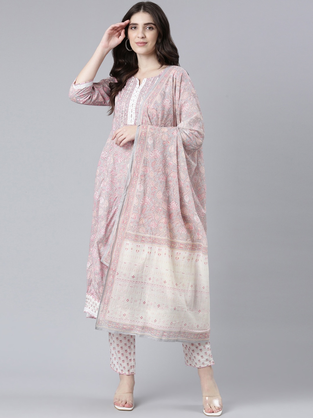 

Neerus Floral Printed Pure Cotton Anarkali Kurta With Trousers & Dupatta, Pink